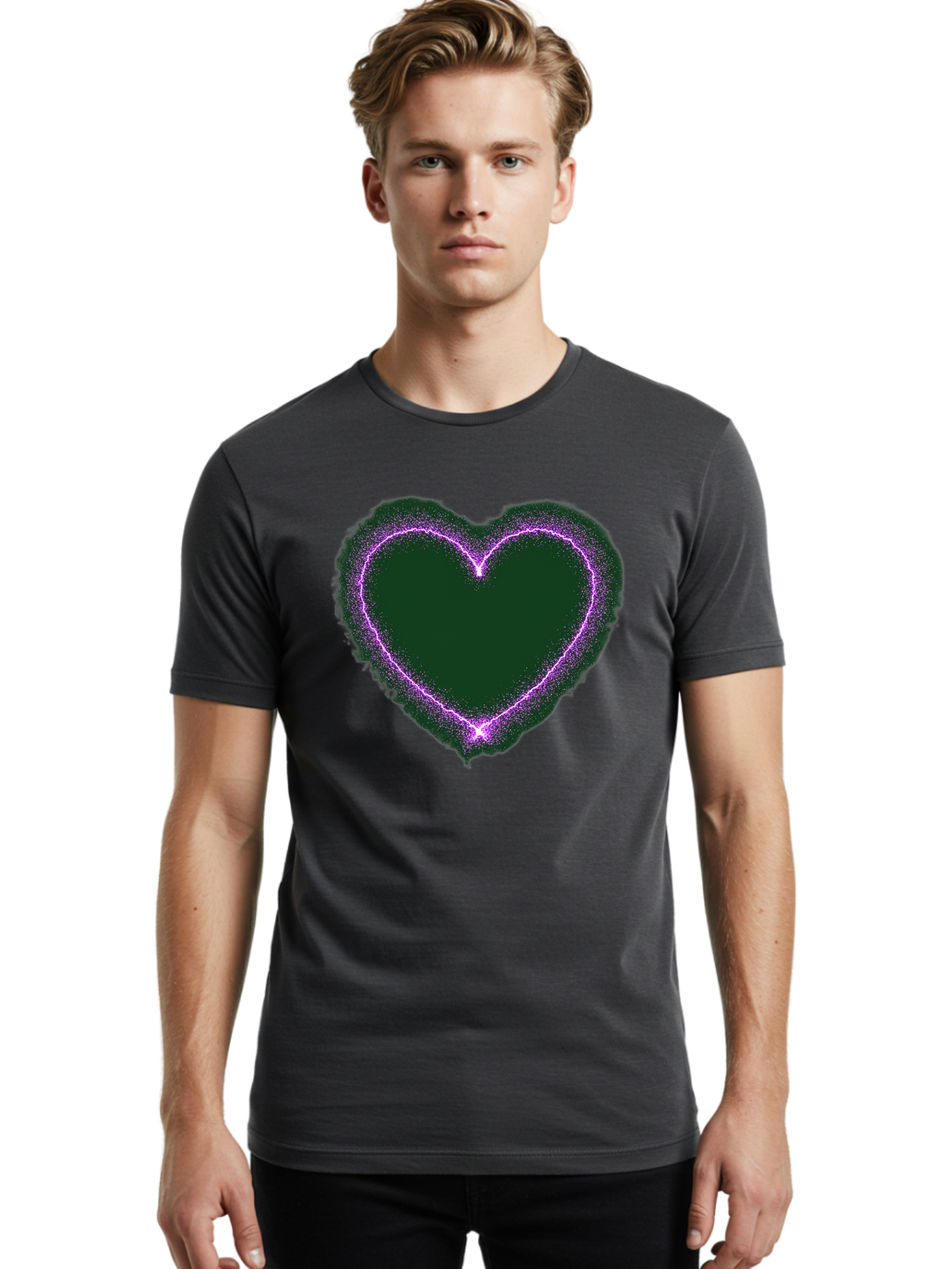 Purple-Heart-1 Men'S Graphic Tee, 100% Cotton, Comfortable Casual Summer Wear, Machine Washable, Purple Heart Shape, Neon Light, Glowing Heart, Love Symbol, Romantic Gesture, Vibrant Purple, Heart Outline, Sparkles, Festive Design, Bae074