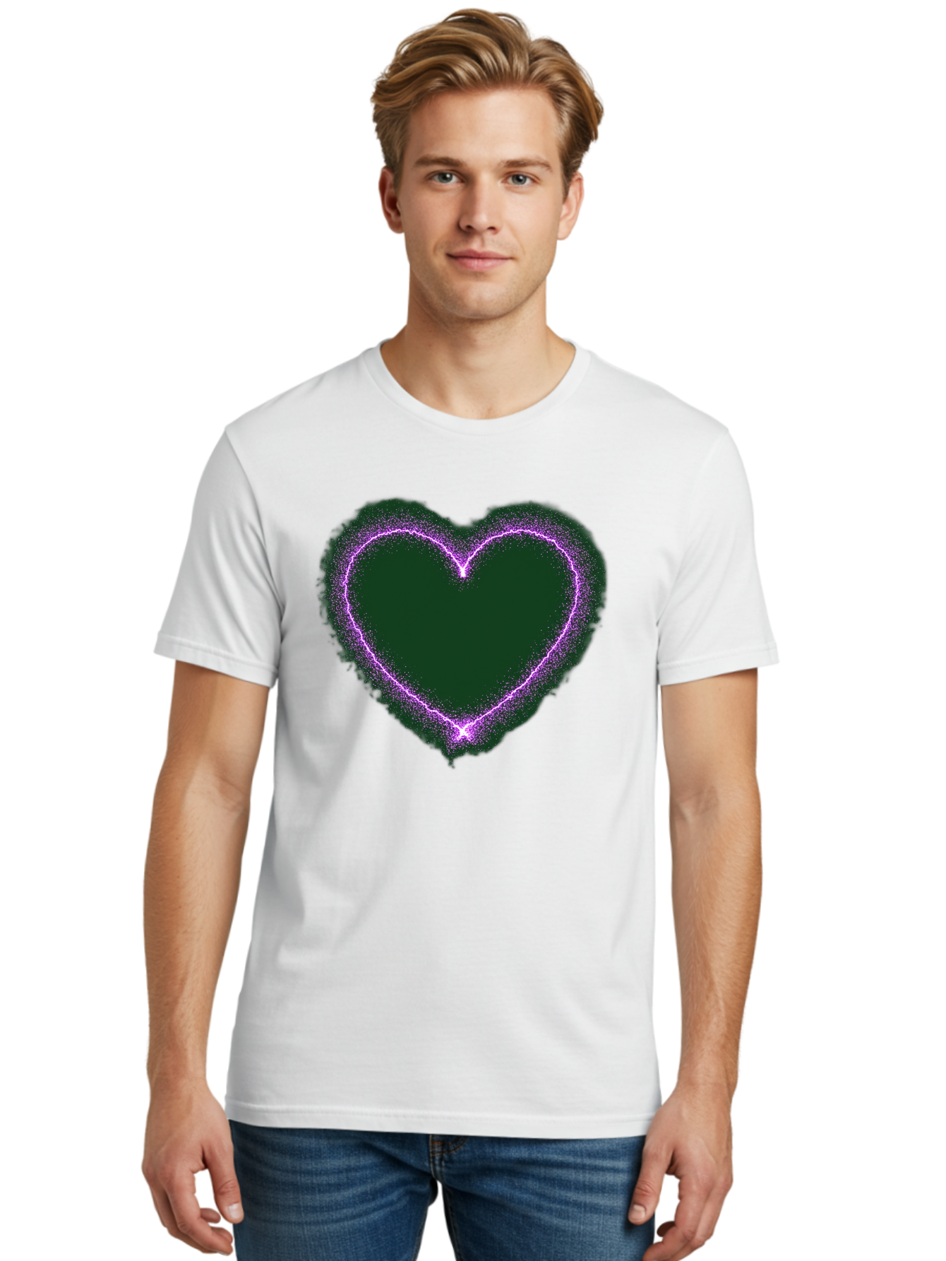 Purple-Heart-1 Men'S Graphic Tee, 100% Cotton, Comfortable Casual Summer Wear, Machine Washable, Purple Heart Shape, Neon Light, Glowing Heart, Love Symbol, Romantic Gesture, Vibrant Purple, Heart Outline, Sparkles, Festive Design, Bae074