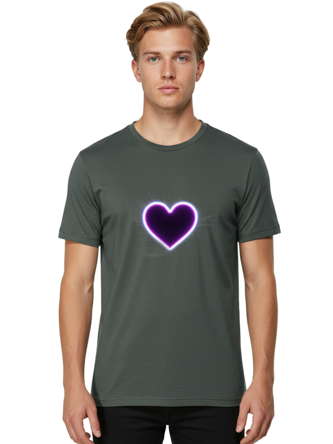 Purple-Heart Men'S Graphic Tee, 100% Cotton, Comfortable Casual Summer Wear, Machine Washable, Purple Heart Icon, Glowing Heart, Purple Neon Glow, Love Symbol, Heart Shape, Vibrant Purple, Emotional Graphic, Valentines Day Graphic, Heart Icon Bae075