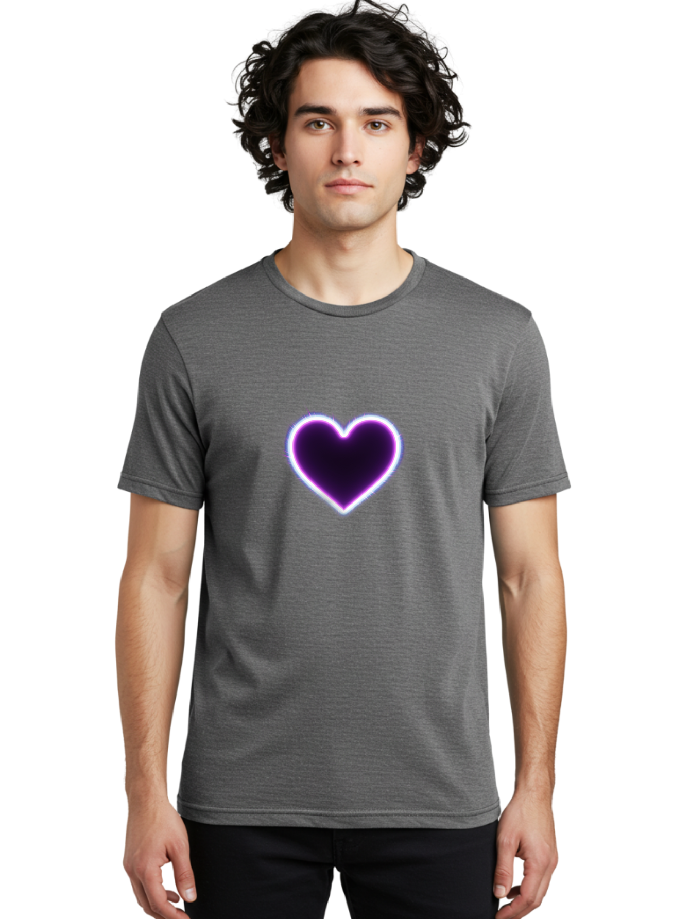 Purple-Heart Men'S Graphic Tee, 100% Cotton, Comfortable Casual Summer Wear, Machine Washable, Purple Heart Icon, Glowing Heart, Purple Neon Glow, Love Symbol, Heart Shape, Vibrant Purple, Emotional Graphic, Valentines Day Graphic, Heart Icon Bae075