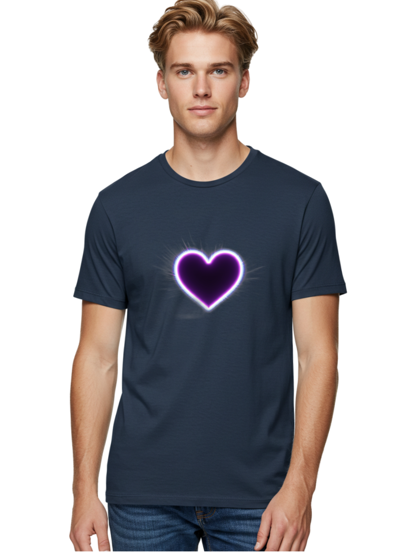 Purple-Heart Men'S Graphic Tee, 100% Cotton, Comfortable Casual Summer Wear, Machine Washable, Purple Heart Icon, Glowing Heart, Purple Neon Glow, Love Symbol, Heart Shape, Vibrant Purple, Emotional Graphic, Valentines Day Graphic, Heart Icon Bae075