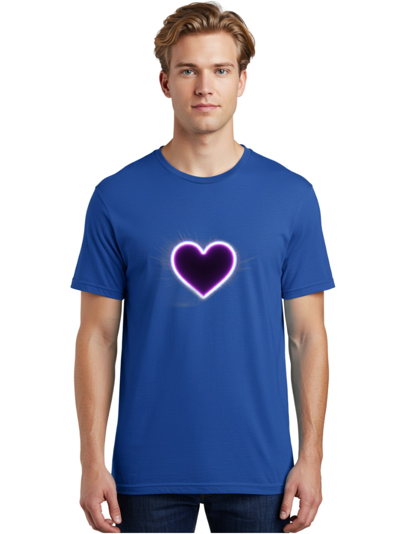 Purple-Heart Men'S Graphic Tee, 100% Cotton, Comfortable Casual Summer Wear, Machine Washable, Purple Heart Icon, Glowing Heart, Purple Neon Glow, Love Symbol, Heart Shape, Vibrant Purple, Emotional Graphic, Valentines Day Graphic, Heart Icon Bae075