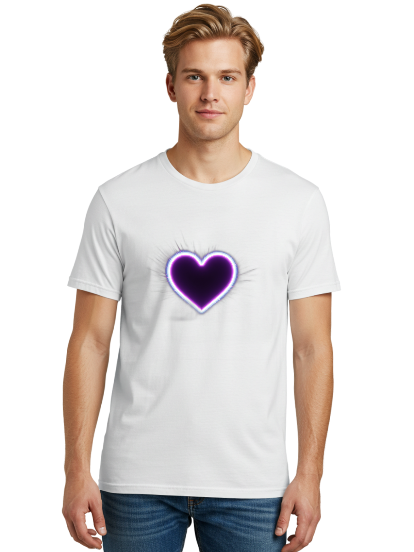 Purple-Heart Men'S Graphic Tee, 100% Cotton, Comfortable Casual Summer Wear, Machine Washable, Purple Heart Icon, Glowing Heart, Purple Neon Glow, Love Symbol, Heart Shape, Vibrant Purple, Emotional Graphic, Valentines Day Graphic, Heart Icon Bae075