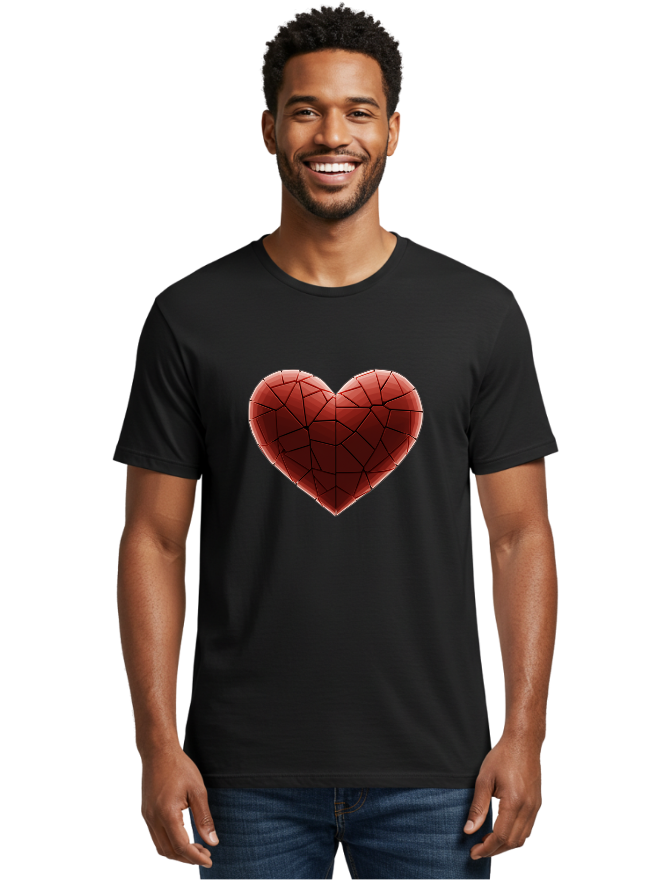 Red-Faceted-Heart Men'S Graphic Tee, 100% Cotton, Comfortable Casual Summer Wear, Machine Washable, Low Poly Heart, Geometric Heart, Red Heart, Love Symbol, Abstract Art, 3D Model, Modern Design, Polygonal Shape, Heart Shape Bae076
