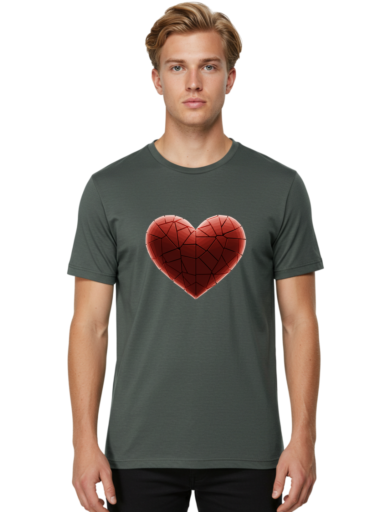 Red-Faceted-Heart Men'S Graphic Tee, 100% Cotton, Comfortable Casual Summer Wear, Machine Washable, Low Poly Heart, Geometric Heart, Red Heart, Love Symbol, Abstract Art, 3D Model, Modern Design, Polygonal Shape, Heart Shape Bae076