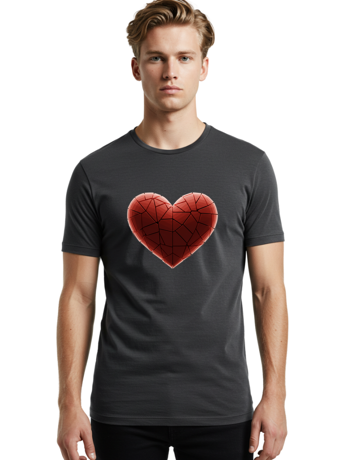 Red-Faceted-Heart Men'S Graphic Tee, 100% Cotton, Comfortable Casual Summer Wear, Machine Washable, Low Poly Heart, Geometric Heart, Red Heart, Love Symbol, Abstract Art, 3D Model, Modern Design, Polygonal Shape, Heart Shape Bae076