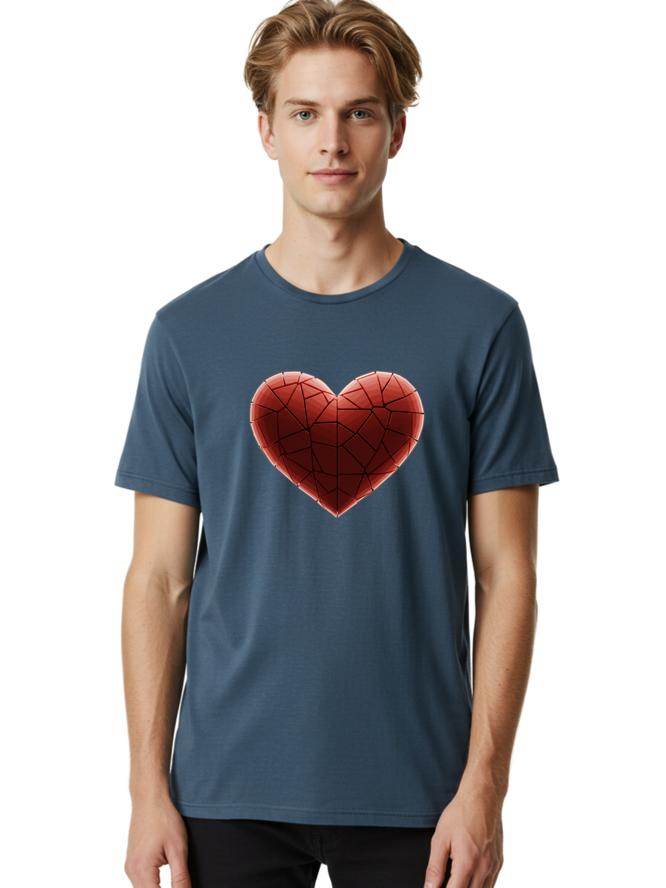 Red-Faceted-Heart Men'S Graphic Tee, 100% Cotton, Comfortable Casual Summer Wear, Machine Washable, Low Poly Heart, Geometric Heart, Red Heart, Love Symbol, Abstract Art, 3D Model, Modern Design, Polygonal Shape, Heart Shape Bae076