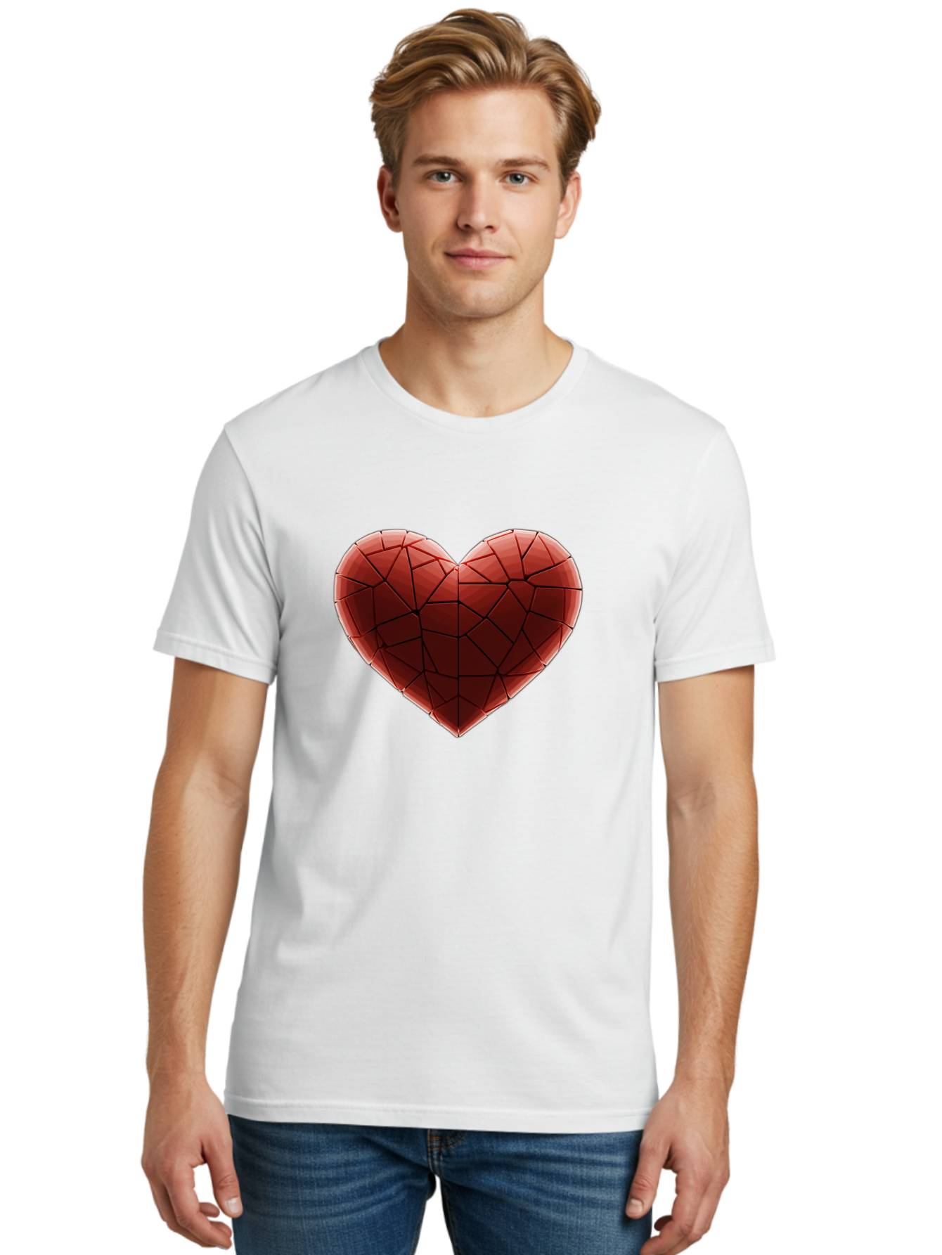 Red-Faceted-Heart Men'S Graphic Tee, 100% Cotton, Comfortable Casual Summer Wear, Machine Washable, Low Poly Heart, Geometric Heart, Red Heart, Love Symbol, Abstract Art, 3D Model, Modern Design, Polygonal Shape, Heart Shape Bae076