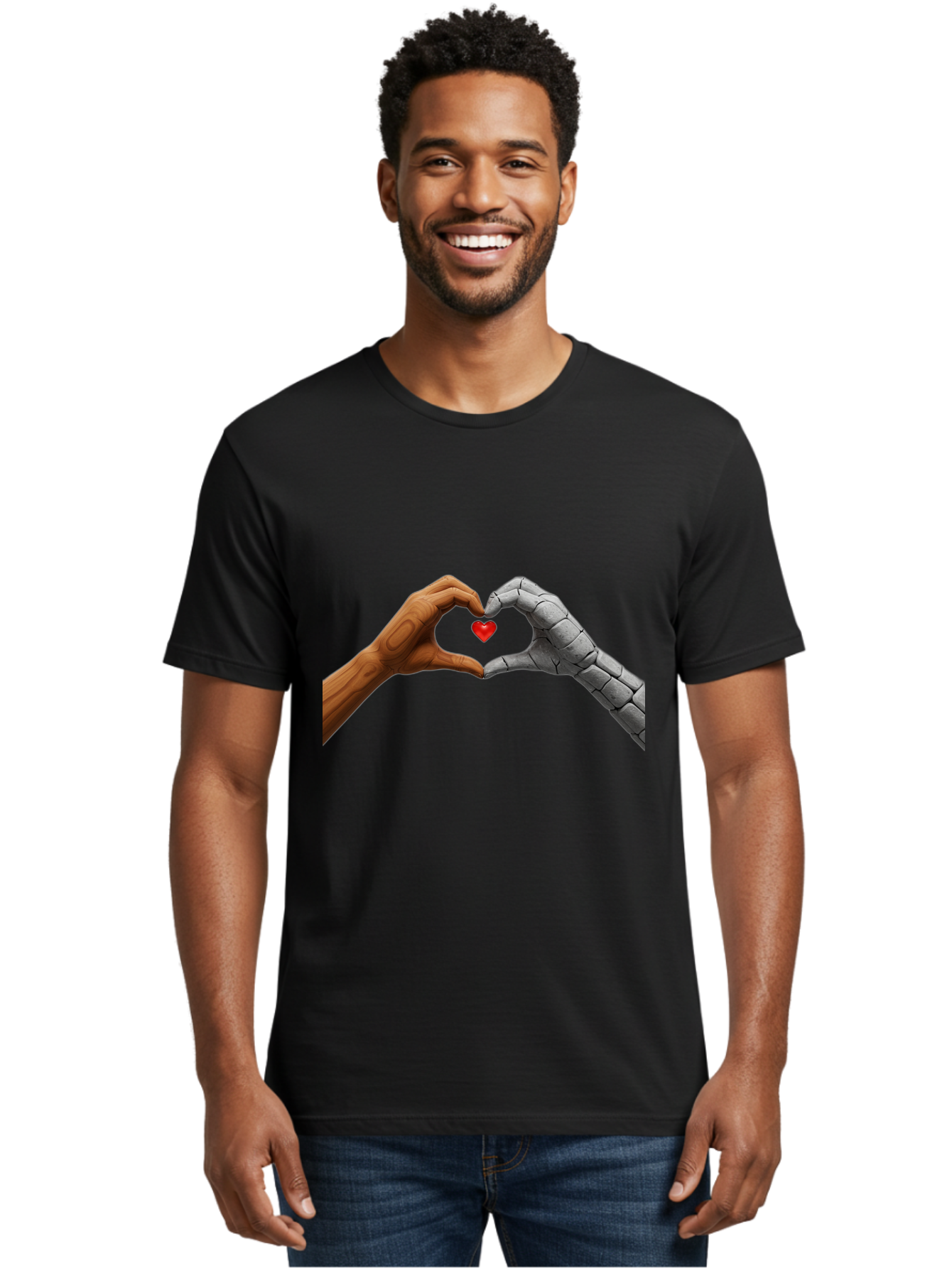 Robot-Hand-Human-Hand-Heart Men'S Graphic Tee, 100% Cotton, Comfortable Casual Summer Wear, Machine Washable, Human Hand, Robot Hand, Heart Shape, Love Symbol, Technology And Humanity, Futuristic Love, Robotic Love, Hand Gesture, Red Heart Bae077