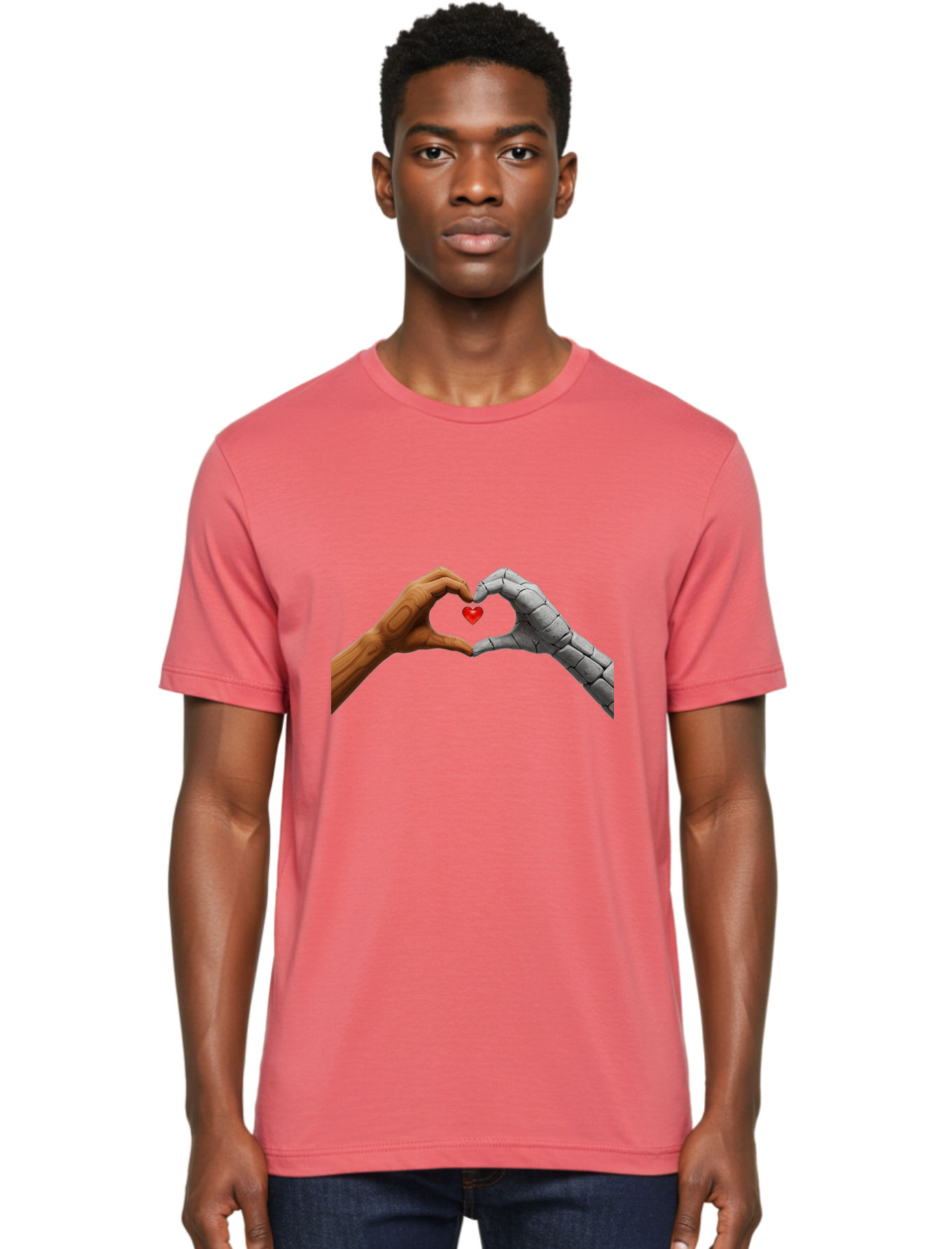 Robot-Hand-Human-Hand-Heart Men'S Graphic Tee, 100% Cotton, Comfortable Casual Summer Wear, Machine Washable, Human Hand, Robot Hand, Heart Shape, Love Symbol, Technology And Humanity, Futuristic Love, Robotic Love, Hand Gesture, Red Heart Bae077