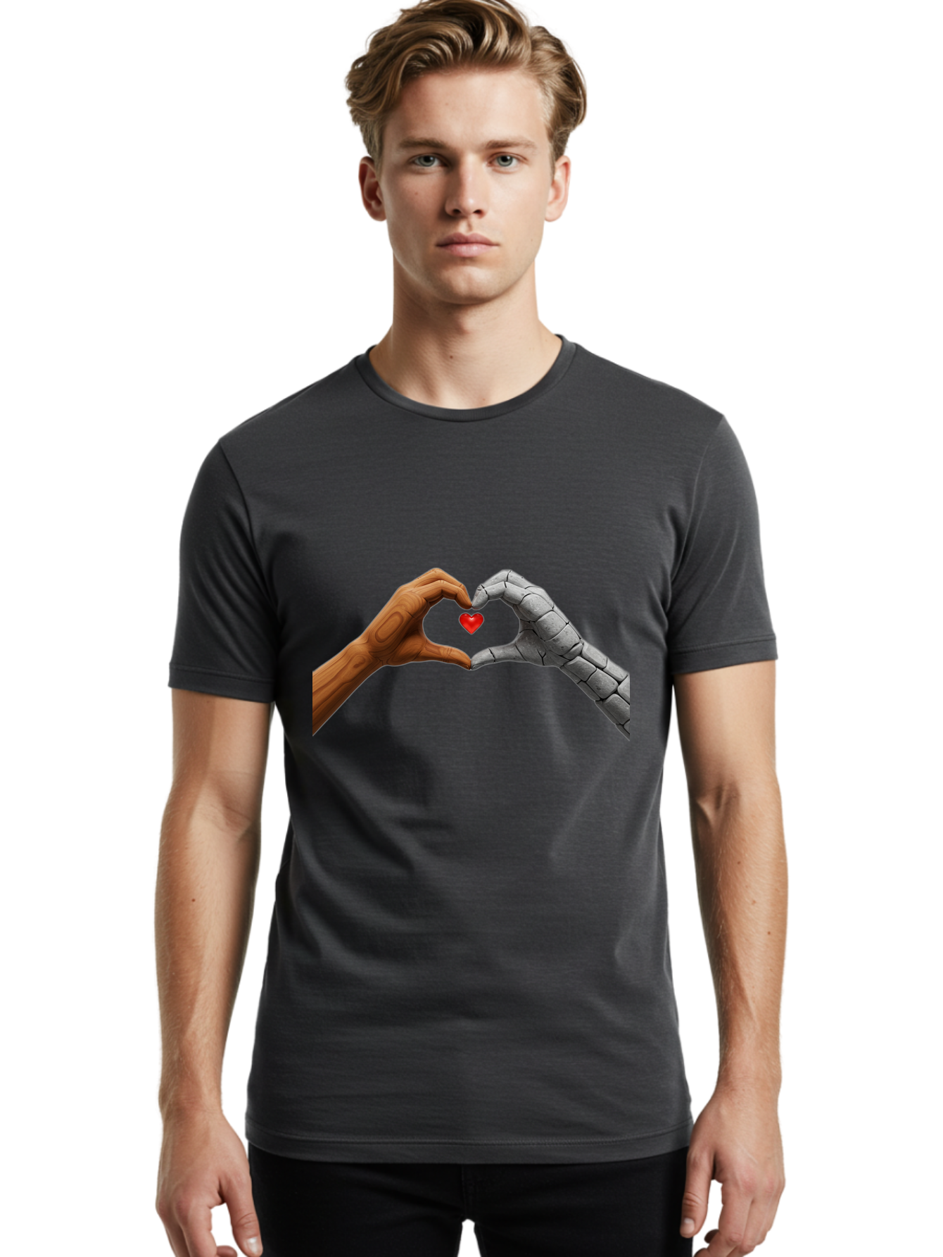 Robot-Hand-Human-Hand-Heart Men'S Graphic Tee, 100% Cotton, Comfortable Casual Summer Wear, Machine Washable, Human Hand, Robot Hand, Heart Shape, Love Symbol, Technology And Humanity, Futuristic Love, Robotic Love, Hand Gesture, Red Heart Bae077