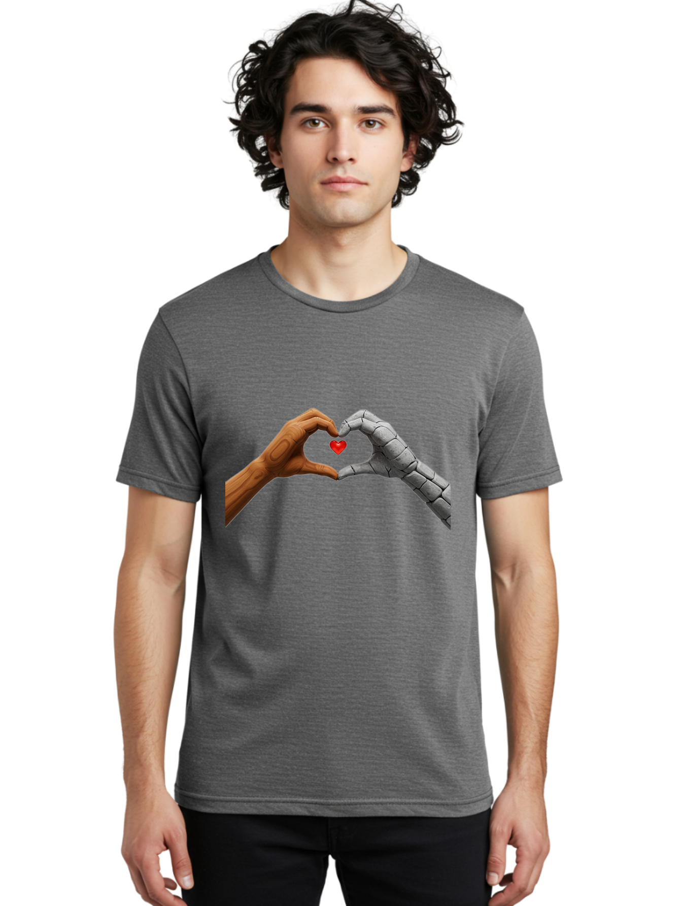 Robot-Hand-Human-Hand-Heart Men'S Graphic Tee, 100% Cotton, Comfortable Casual Summer Wear, Machine Washable, Human Hand, Robot Hand, Heart Shape, Love Symbol, Technology And Humanity, Futuristic Love, Robotic Love, Hand Gesture, Red Heart Bae077
