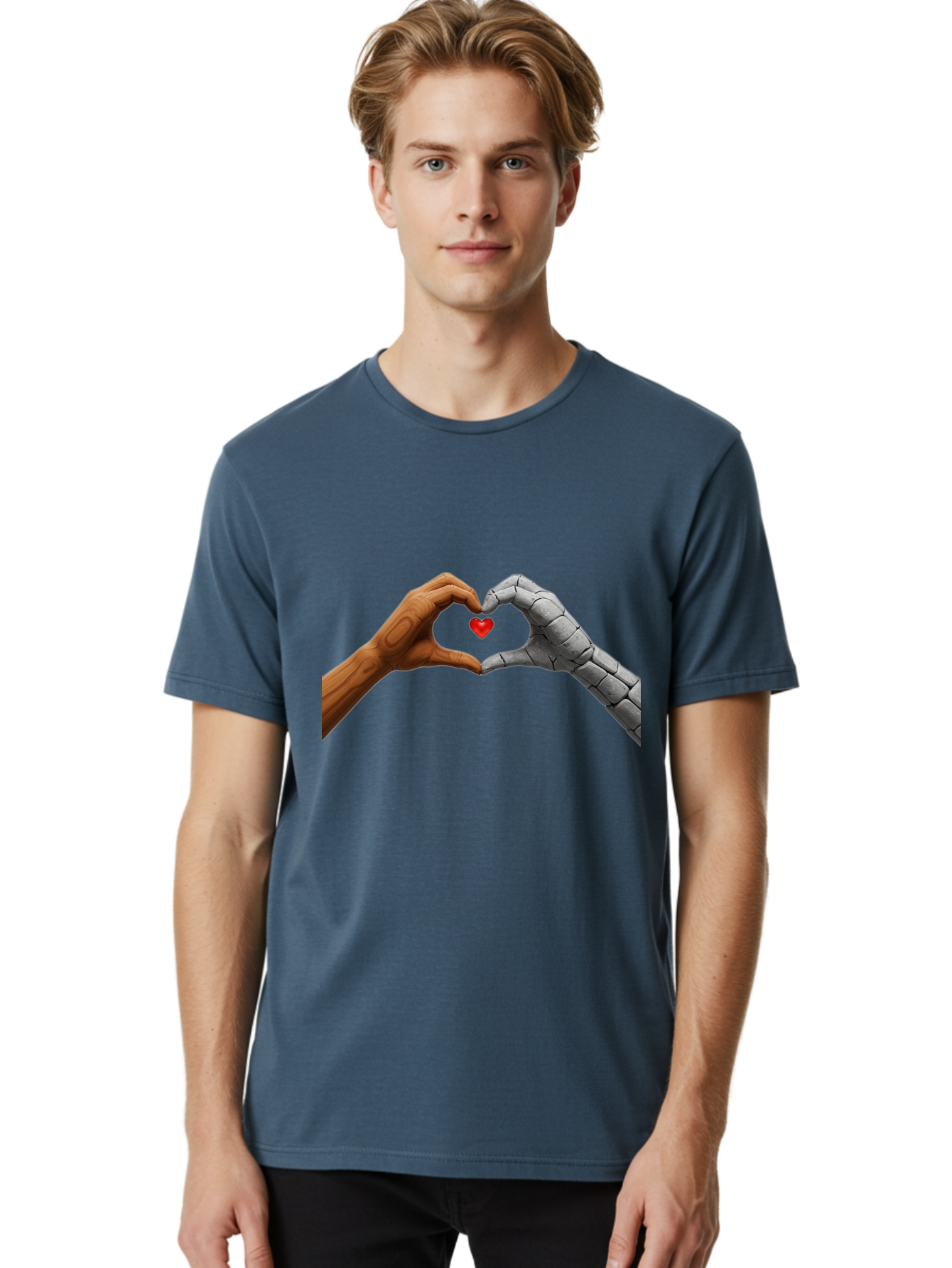 Robot-Hand-Human-Hand-Heart Men'S Graphic Tee, 100% Cotton, Comfortable Casual Summer Wear, Machine Washable, Human Hand, Robot Hand, Heart Shape, Love Symbol, Technology And Humanity, Futuristic Love, Robotic Love, Hand Gesture, Red Heart Bae077