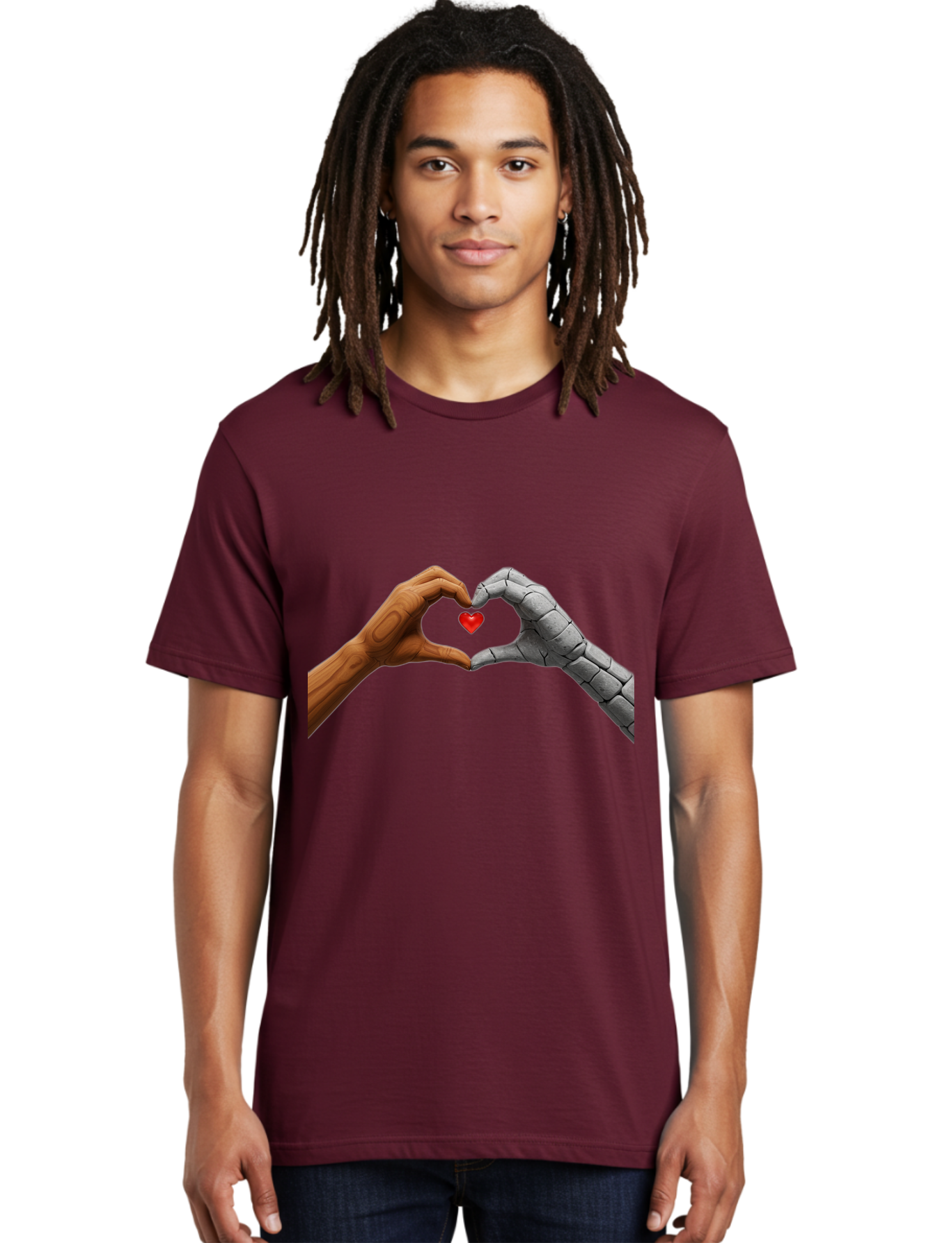 Robot-Hand-Human-Hand-Heart Men'S Graphic Tee, 100% Cotton, Comfortable Casual Summer Wear, Machine Washable, Human Hand, Robot Hand, Heart Shape, Love Symbol, Technology And Humanity, Futuristic Love, Robotic Love, Hand Gesture, Red Heart Bae077