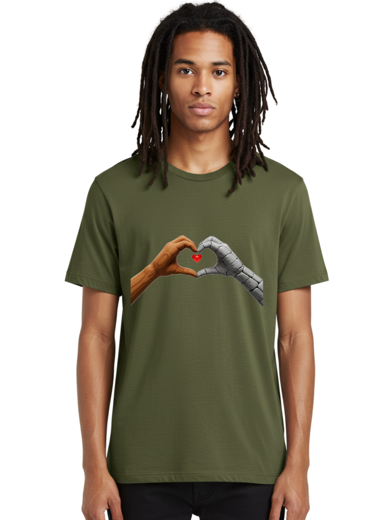 Robot-Hand-Human-Hand-Heart Men'S Graphic Tee, 100% Cotton, Comfortable Casual Summer Wear, Machine Washable, Human Hand, Robot Hand, Heart Shape, Love Symbol, Technology And Humanity, Futuristic Love, Robotic Love, Hand Gesture, Red Heart Bae077