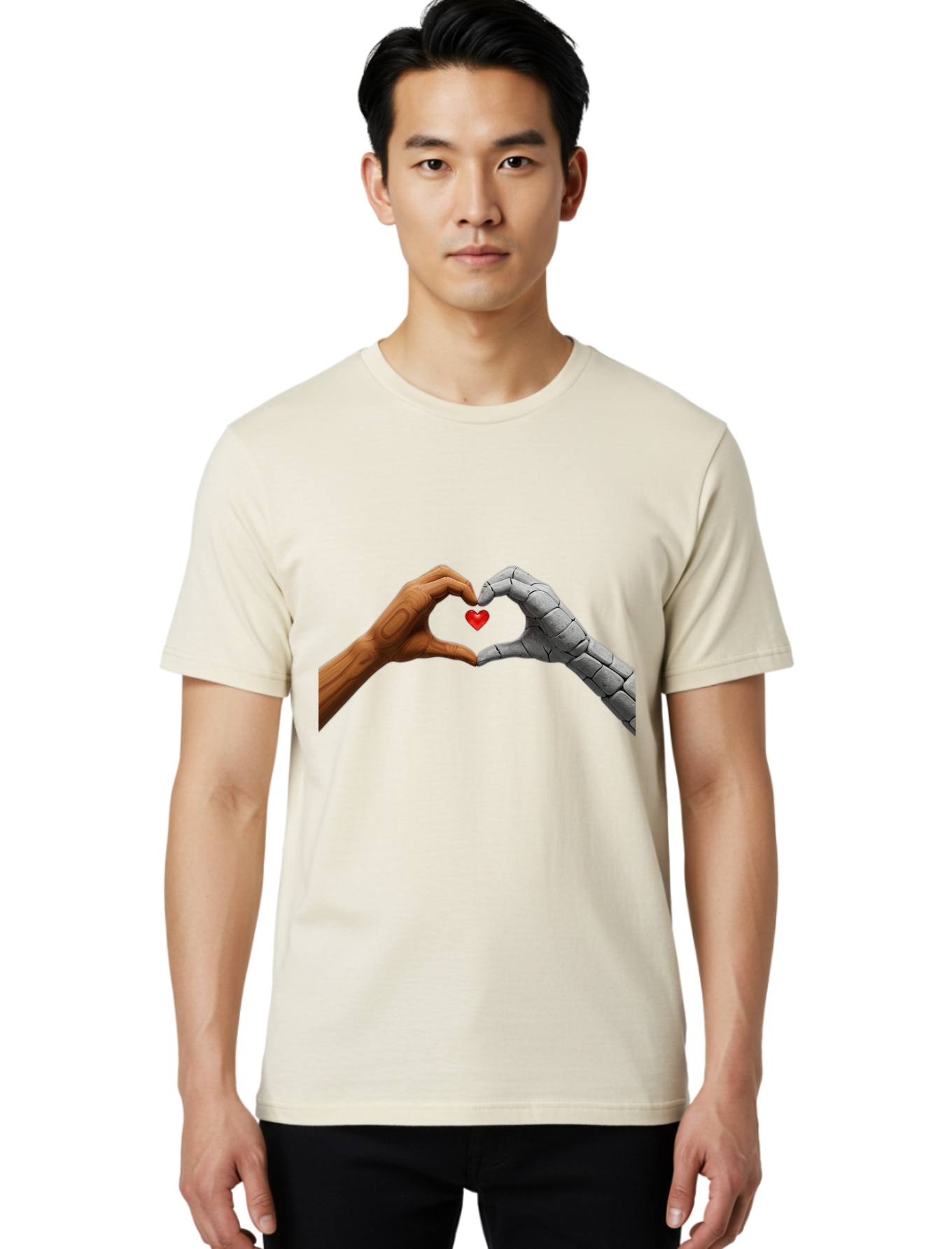 Robot-Hand-Human-Hand-Heart Men'S Graphic Tee, 100% Cotton, Comfortable Casual Summer Wear, Machine Washable, Human Hand, Robot Hand, Heart Shape, Love Symbol, Technology And Humanity, Futuristic Love, Robotic Love, Hand Gesture, Red Heart Bae077