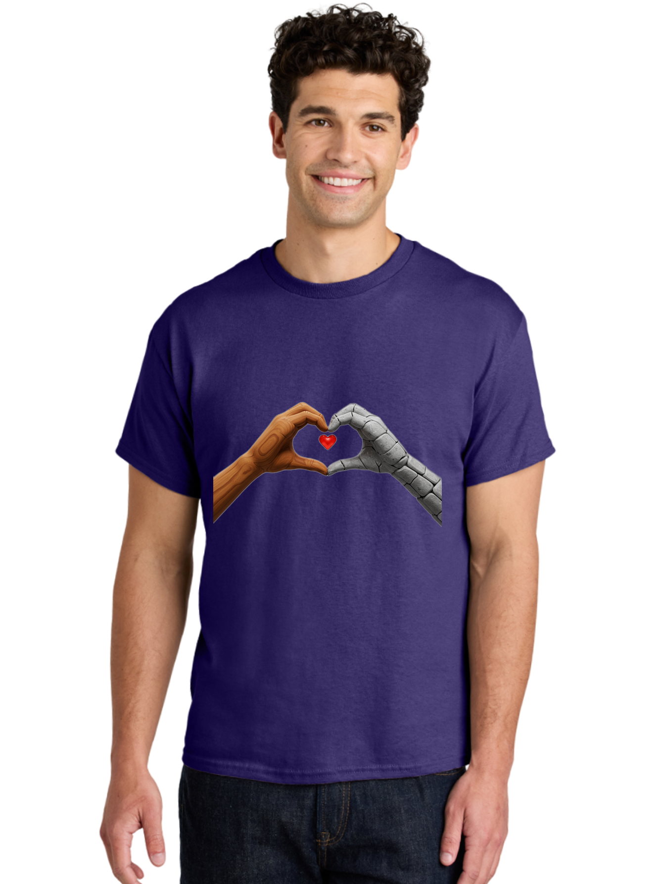 Robot-Hand-Human-Hand-Heart Men'S Graphic Tee, 100% Cotton, Comfortable Casual Summer Wear, Machine Washable, Human Hand, Robot Hand, Heart Shape, Love Symbol, Technology And Humanity, Futuristic Love, Robotic Love, Hand Gesture, Red Heart Bae077