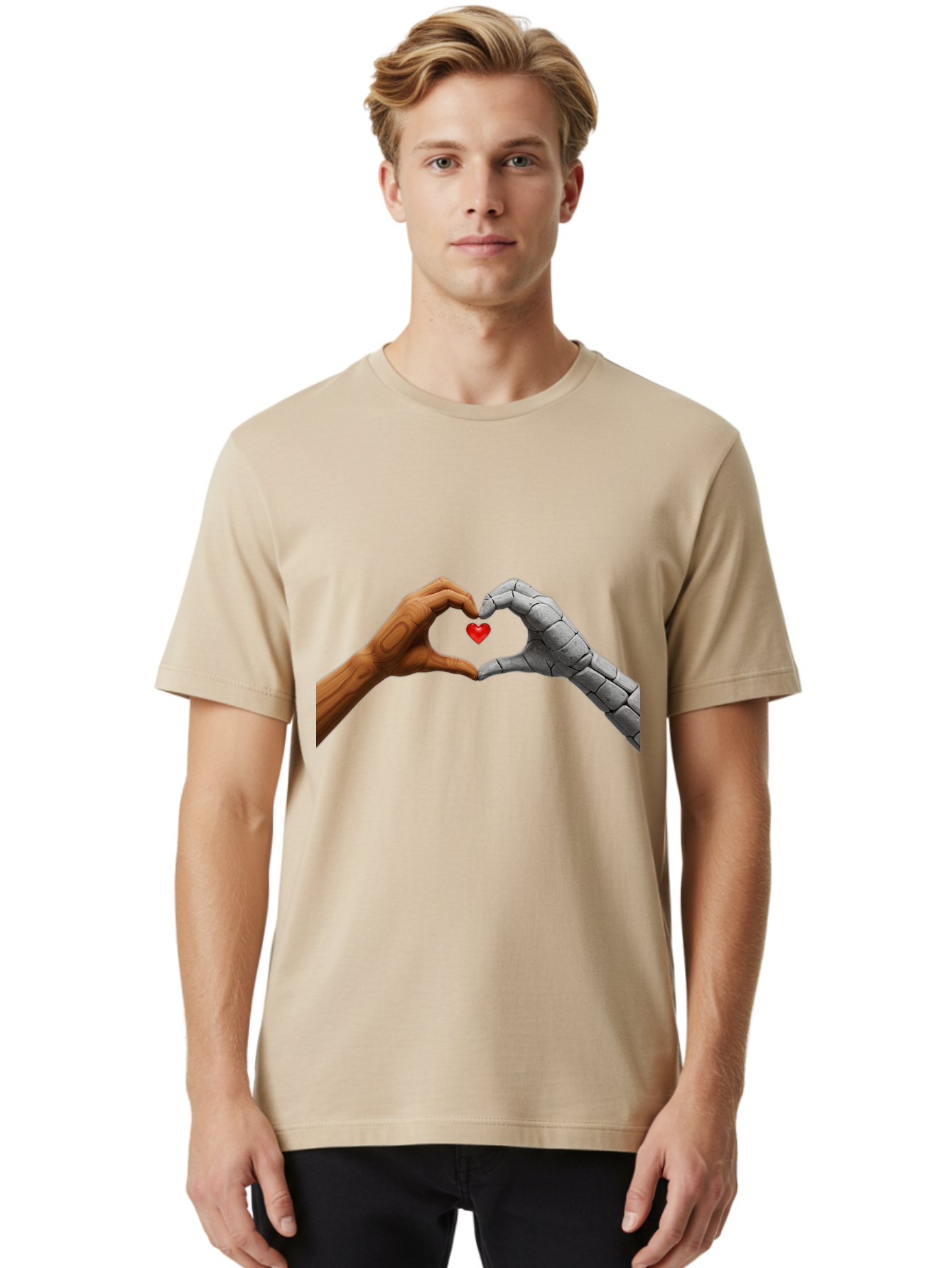 Robot-Hand-Human-Hand-Heart Men'S Graphic Tee, 100% Cotton, Comfortable Casual Summer Wear, Machine Washable, Human Hand, Robot Hand, Heart Shape, Love Symbol, Technology And Humanity, Futuristic Love, Robotic Love, Hand Gesture, Red Heart Bae077