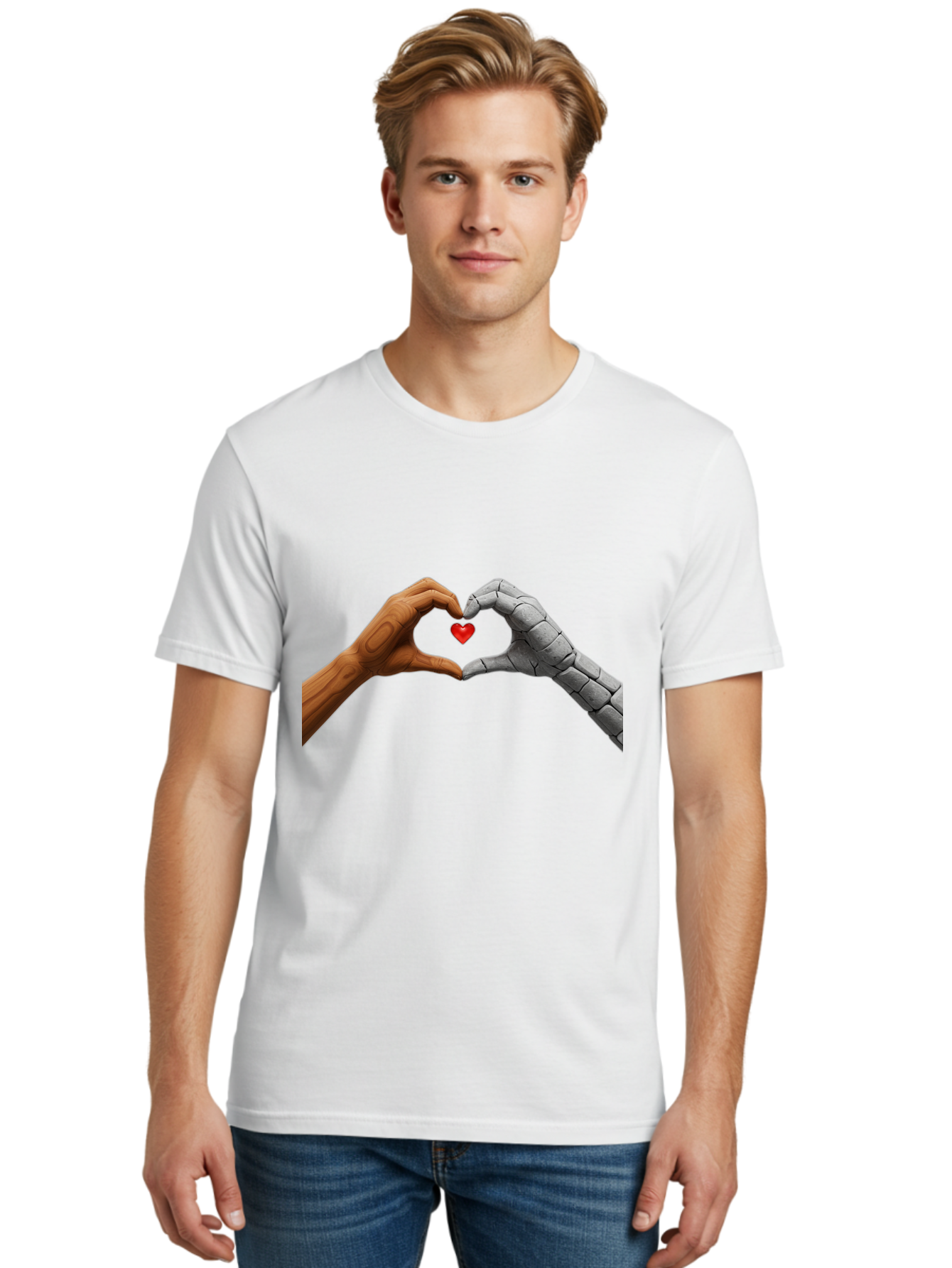 Robot-Hand-Human-Hand-Heart Men'S Graphic Tee, 100% Cotton, Comfortable Casual Summer Wear, Machine Washable, Human Hand, Robot Hand, Heart Shape, Love Symbol, Technology And Humanity, Futuristic Love, Robotic Love, Hand Gesture, Red Heart Bae077
