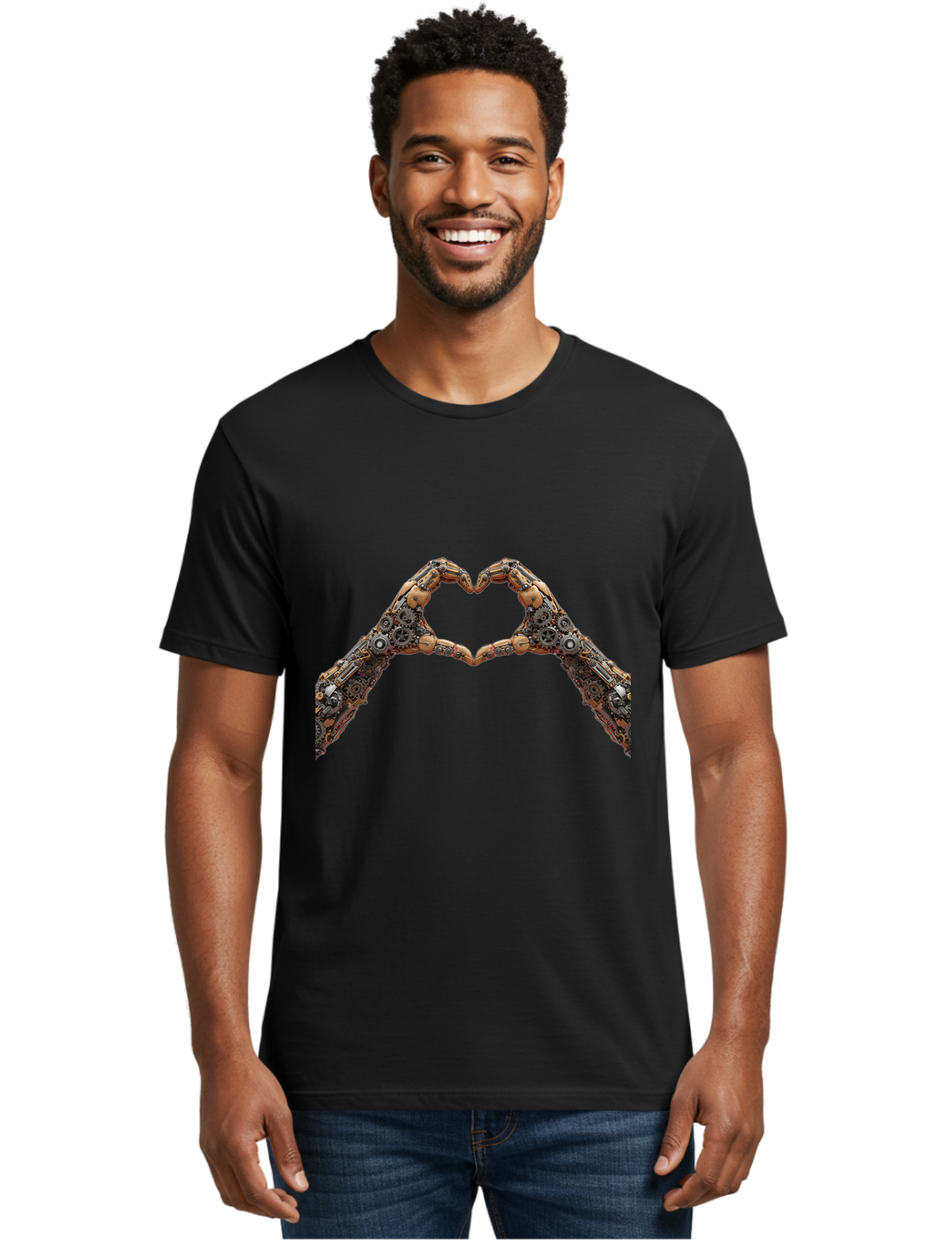 Robot-Hands-Heart Men'S Graphic Tee, 100% Cotton, Comfortable Casual Summer Wear, Machine Washable, Robot Hands Forming A Heart, Steampunk Design, Mechanical Love, Robotic Machinery, Gear Components, Industrial Elements, Symbol Of Affection, Bae078