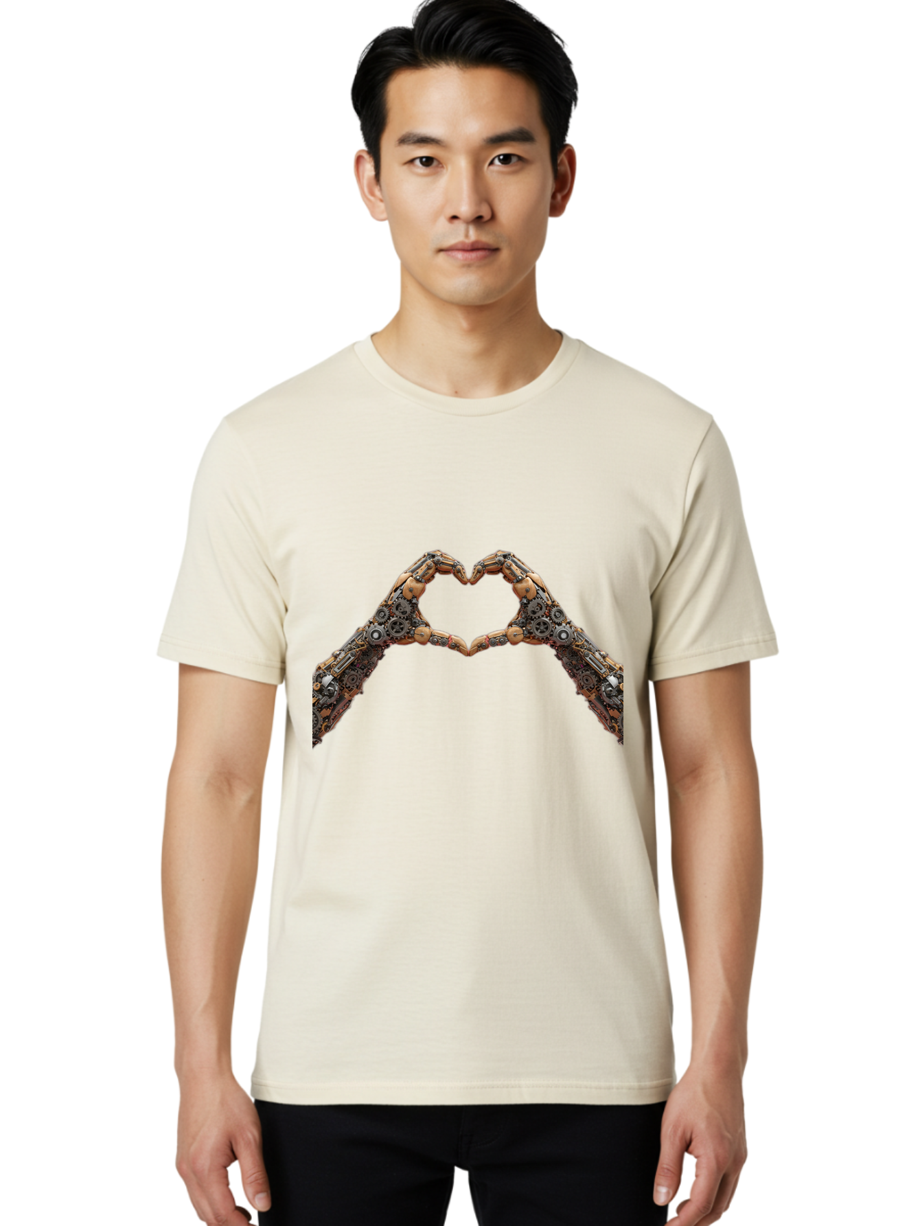 Robot-Hands-Heart Men'S Graphic Tee, 100% Cotton, Comfortable Casual Summer Wear, Machine Washable, Robot Hands Forming A Heart, Steampunk Design, Mechanical Love, Robotic Machinery, Gear Components, Industrial Elements, Symbol Of Affection, Bae078