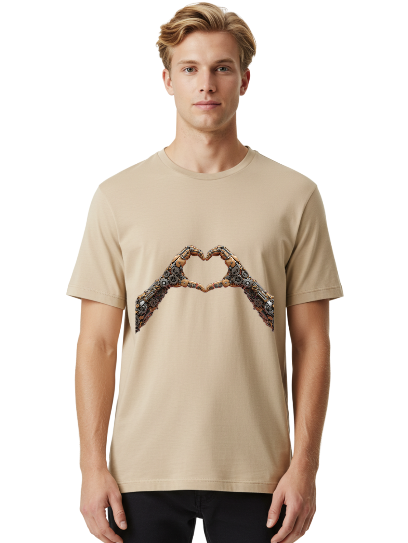 Robot-Hands-Heart Men'S Graphic Tee, 100% Cotton, Comfortable Casual Summer Wear, Machine Washable, Robot Hands Forming A Heart, Steampunk Design, Mechanical Love, Robotic Machinery, Gear Components, Industrial Elements, Symbol Of Affection, Bae078