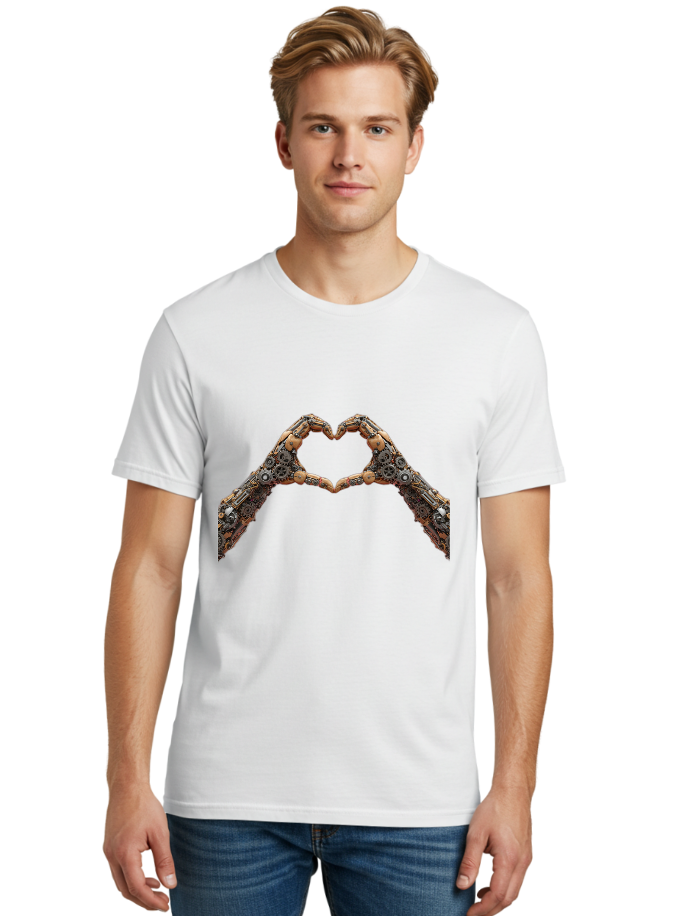 Robot-Hands-Heart Men'S Graphic Tee, 100% Cotton, Comfortable Casual Summer Wear, Machine Washable, Robot Hands Forming A Heart, Steampunk Design, Mechanical Love, Robotic Machinery, Gear Components, Industrial Elements, Symbol Of Affection, Bae078