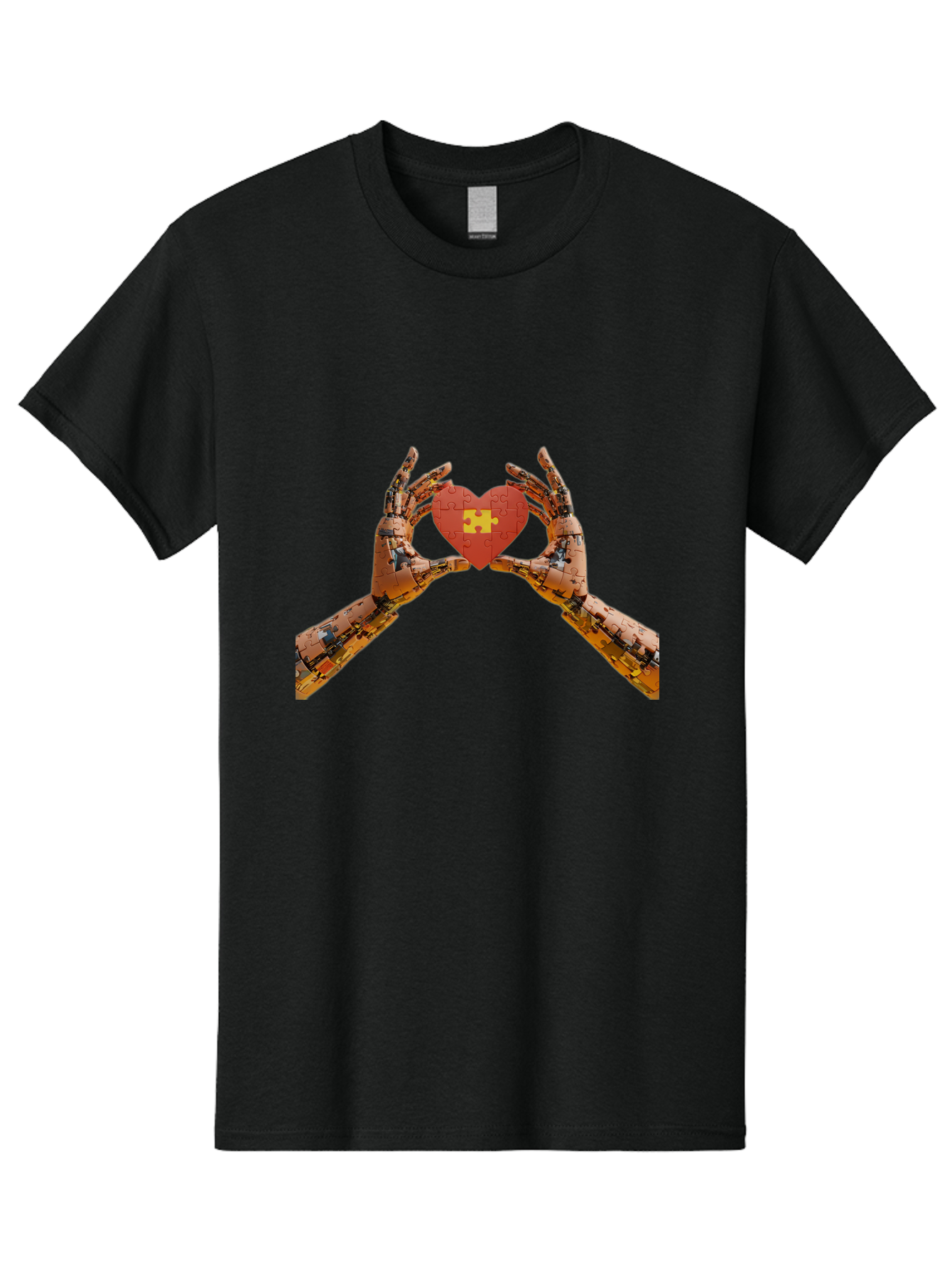 Robot-Hands-Holding-Heart-Puzzle Men'S Graphic Tee, 100% Cotton, Comfortable Casual Summer Wear, Machine Washable, Robotic Hands, Puzzle Heart, Artificial Intelligence, Ai, Robotics, Love, Heart, Puzzle Piece, Technology, Innovation, Bae079