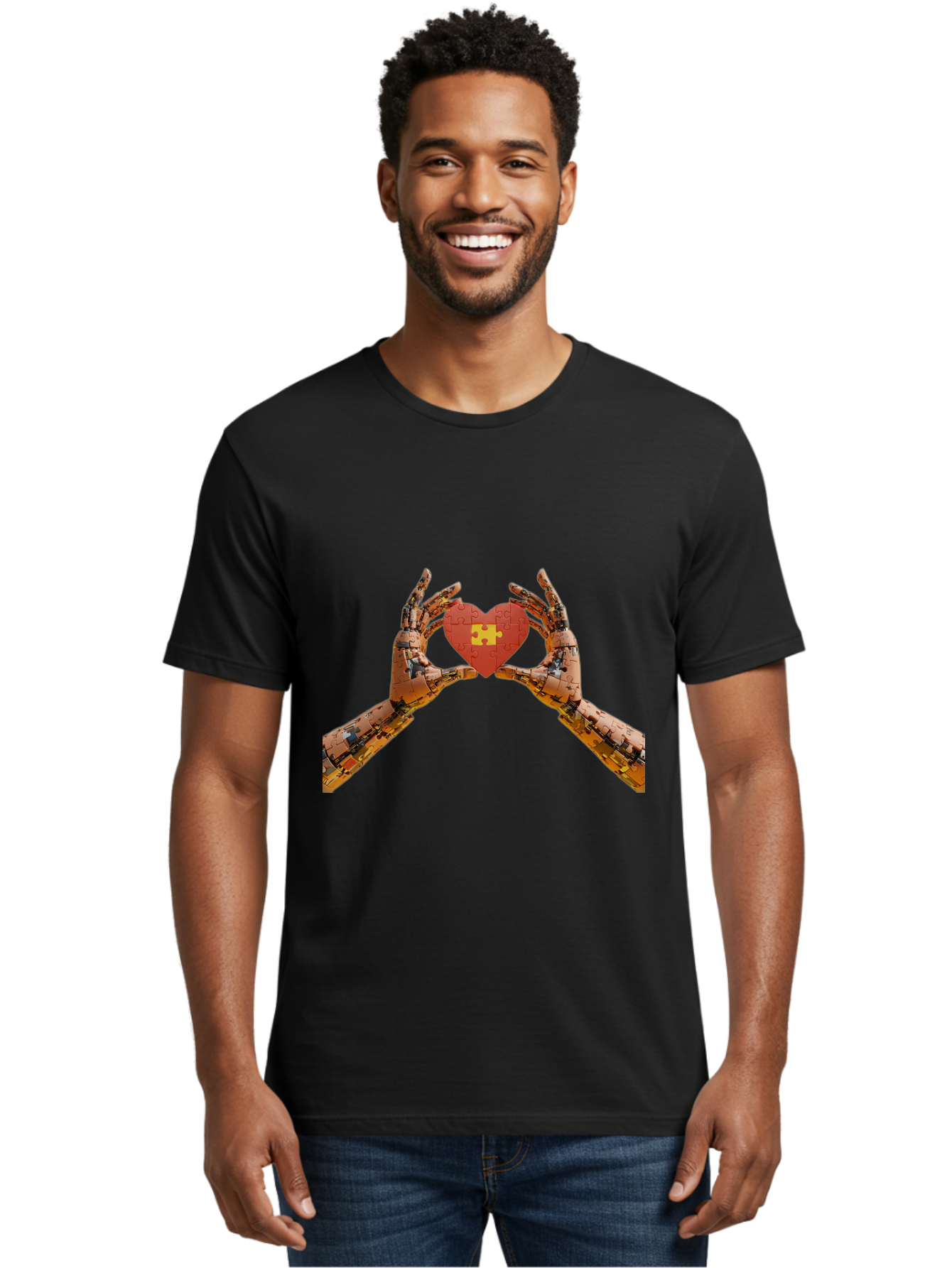 Robot-Hands-Holding-Heart-Puzzle Men'S Graphic Tee, 100% Cotton, Comfortable Casual Summer Wear, Machine Washable, Robotic Hands, Puzzle Heart, Artificial Intelligence, Ai, Robotics, Love, Heart, Puzzle Piece, Technology, Innovation, Bae079