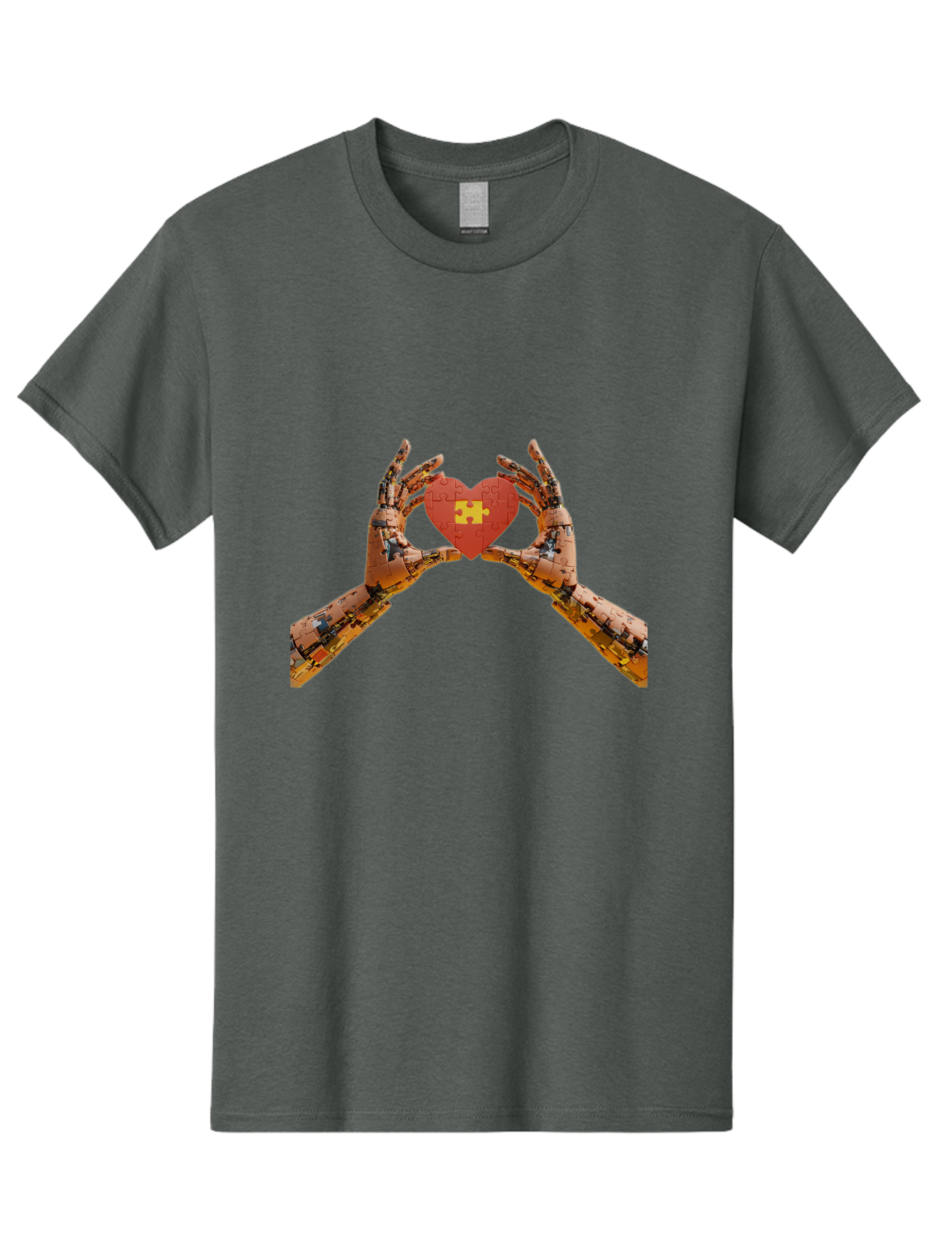 Robot-Hands-Holding-Heart-Puzzle Men'S Graphic Tee, 100% Cotton, Comfortable Casual Summer Wear, Machine Washable, Robotic Hands, Puzzle Heart, Artificial Intelligence, Ai, Robotics, Love, Heart, Puzzle Piece, Technology, Innovation, Bae079