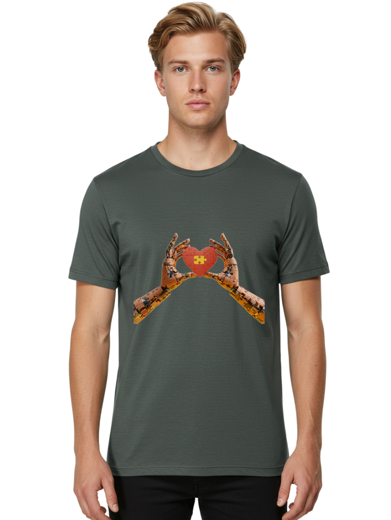 Robot-Hands-Holding-Heart-Puzzle Men'S Graphic Tee, 100% Cotton, Comfortable Casual Summer Wear, Machine Washable, Robotic Hands, Puzzle Heart, Artificial Intelligence, Ai, Robotics, Love, Heart, Puzzle Piece, Technology, Innovation, Bae079