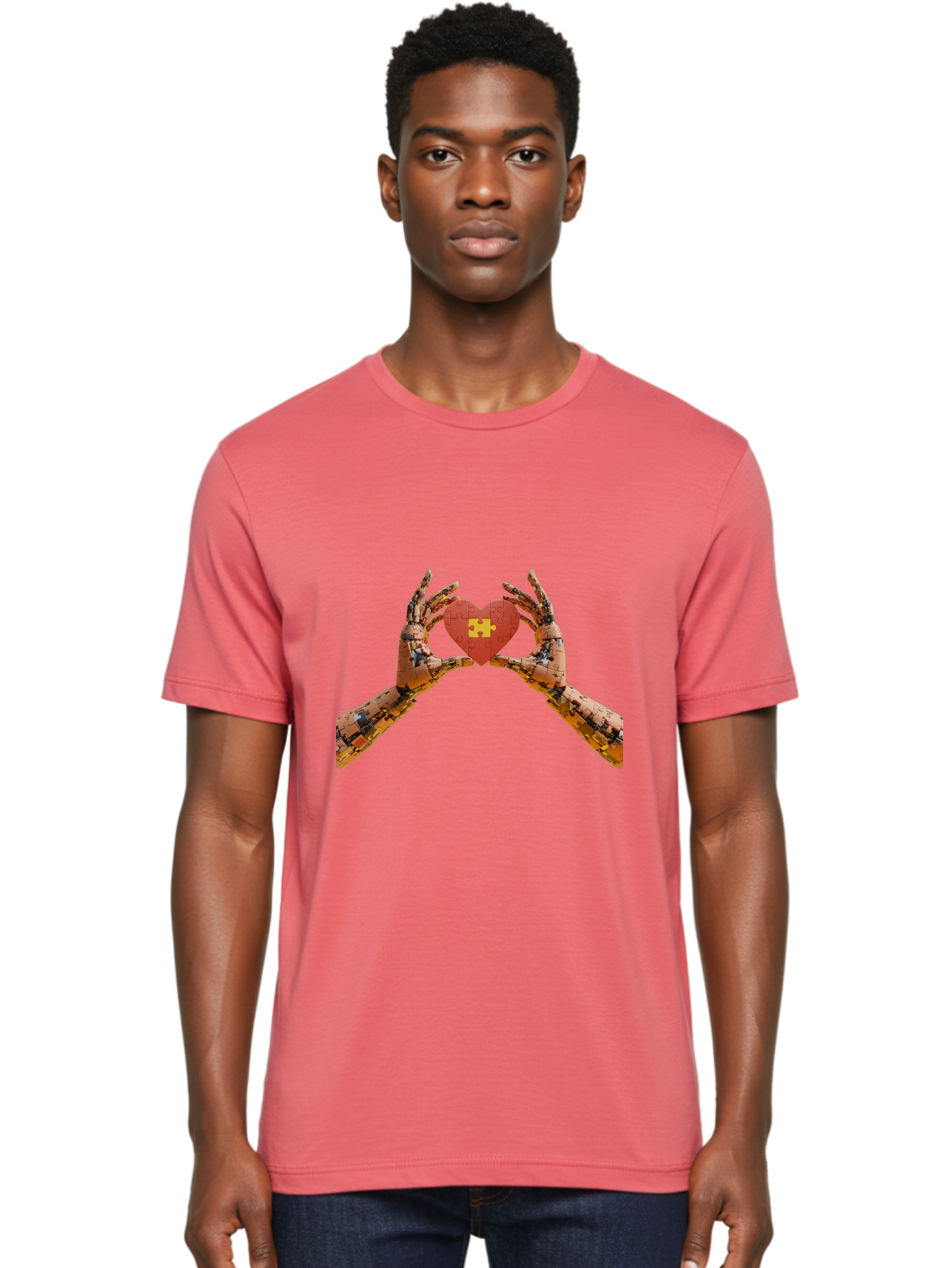 Robot-Hands-Holding-Heart-Puzzle Men'S Graphic Tee, 100% Cotton, Comfortable Casual Summer Wear, Machine Washable, Robotic Hands, Puzzle Heart, Artificial Intelligence, Ai, Robotics, Love, Heart, Puzzle Piece, Technology, Innovation, Bae079