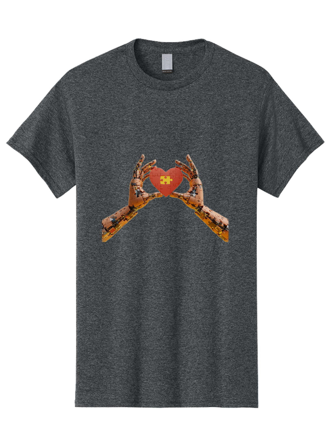 Robot-Hands-Holding-Heart-Puzzle Men'S Graphic Tee, 100% Cotton, Comfortable Casual Summer Wear, Machine Washable, Robotic Hands, Puzzle Heart, Artificial Intelligence, Ai, Robotics, Love, Heart, Puzzle Piece, Technology, Innovation, Bae079