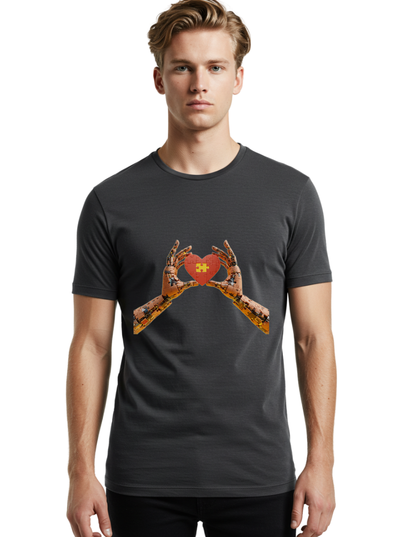 Robot-Hands-Holding-Heart-Puzzle Men'S Graphic Tee, 100% Cotton, Comfortable Casual Summer Wear, Machine Washable, Robotic Hands, Puzzle Heart, Artificial Intelligence, Ai, Robotics, Love, Heart, Puzzle Piece, Technology, Innovation, Bae079