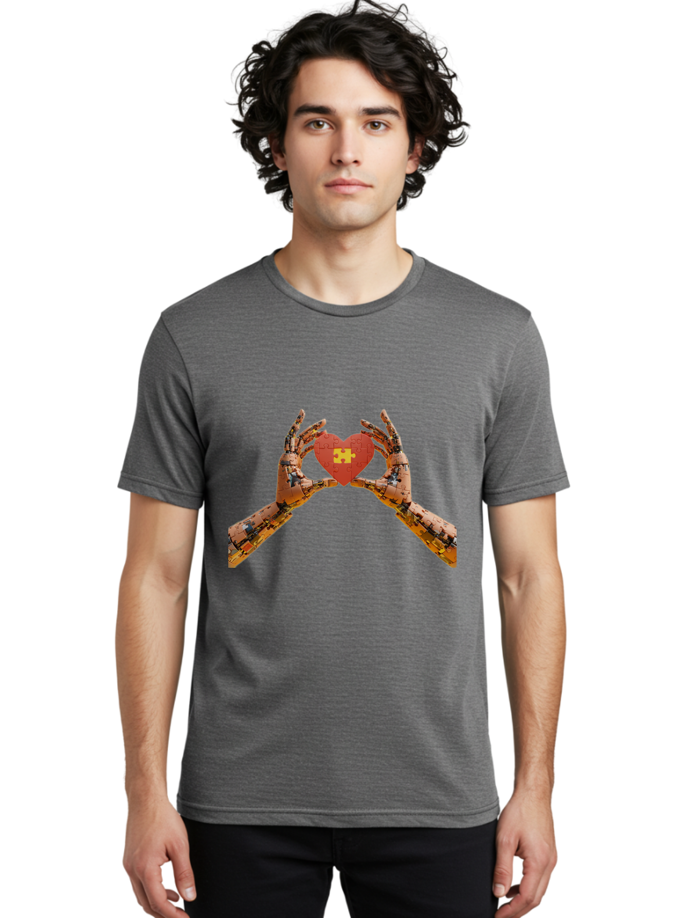 Robot-Hands-Holding-Heart-Puzzle Men'S Graphic Tee, 100% Cotton, Comfortable Casual Summer Wear, Machine Washable, Robotic Hands, Puzzle Heart, Artificial Intelligence, Ai, Robotics, Love, Heart, Puzzle Piece, Technology, Innovation, Bae079