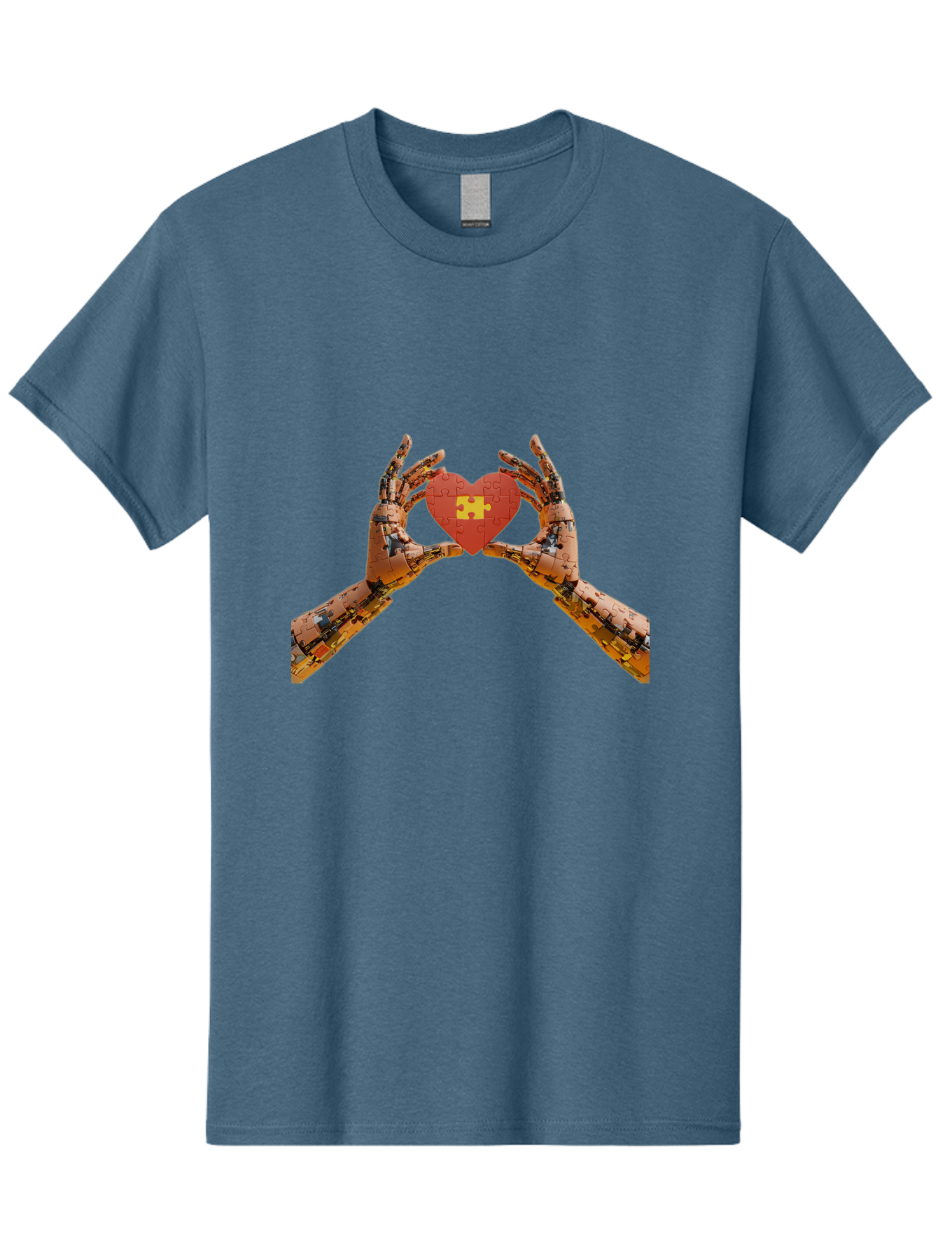 Robot-Hands-Holding-Heart-Puzzle Men'S Graphic Tee, 100% Cotton, Comfortable Casual Summer Wear, Machine Washable, Robotic Hands, Puzzle Heart, Artificial Intelligence, Ai, Robotics, Love, Heart, Puzzle Piece, Technology, Innovation, Bae079