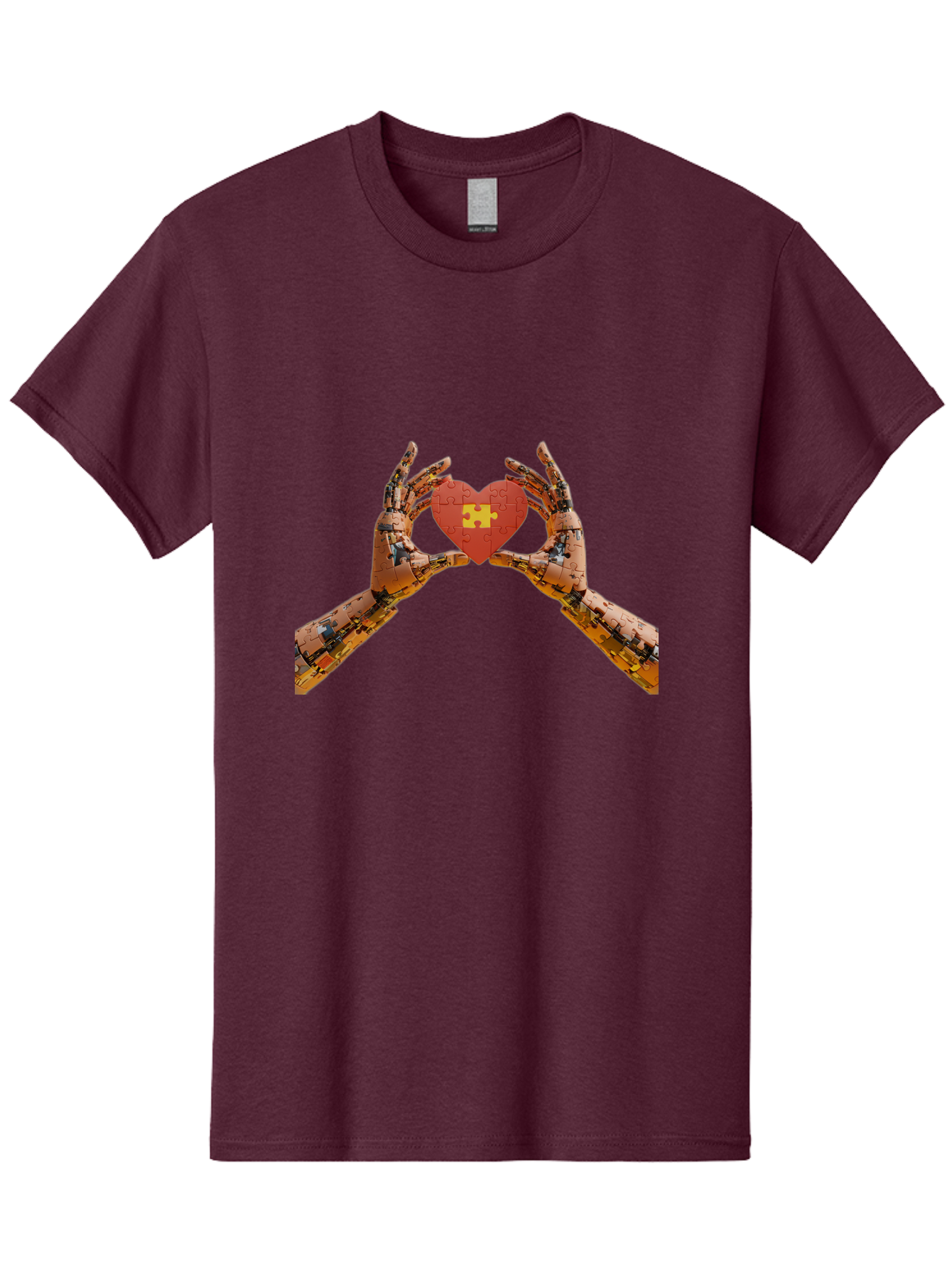 Robot-Hands-Holding-Heart-Puzzle Men'S Graphic Tee, 100% Cotton, Comfortable Casual Summer Wear, Machine Washable, Robotic Hands, Puzzle Heart, Artificial Intelligence, Ai, Robotics, Love, Heart, Puzzle Piece, Technology, Innovation, Bae079