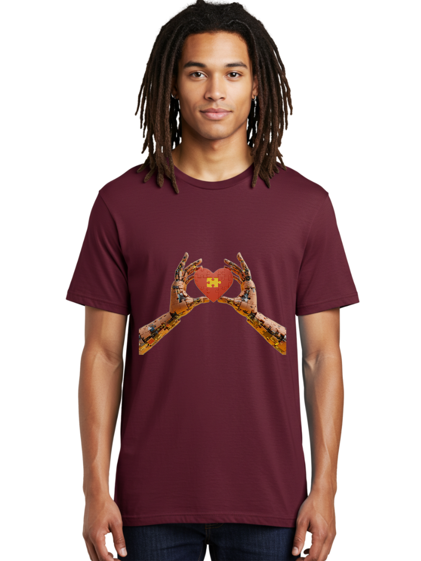 Robot-Hands-Holding-Heart-Puzzle Men'S Graphic Tee, 100% Cotton, Comfortable Casual Summer Wear, Machine Washable, Robotic Hands, Puzzle Heart, Artificial Intelligence, Ai, Robotics, Love, Heart, Puzzle Piece, Technology, Innovation, Bae079
