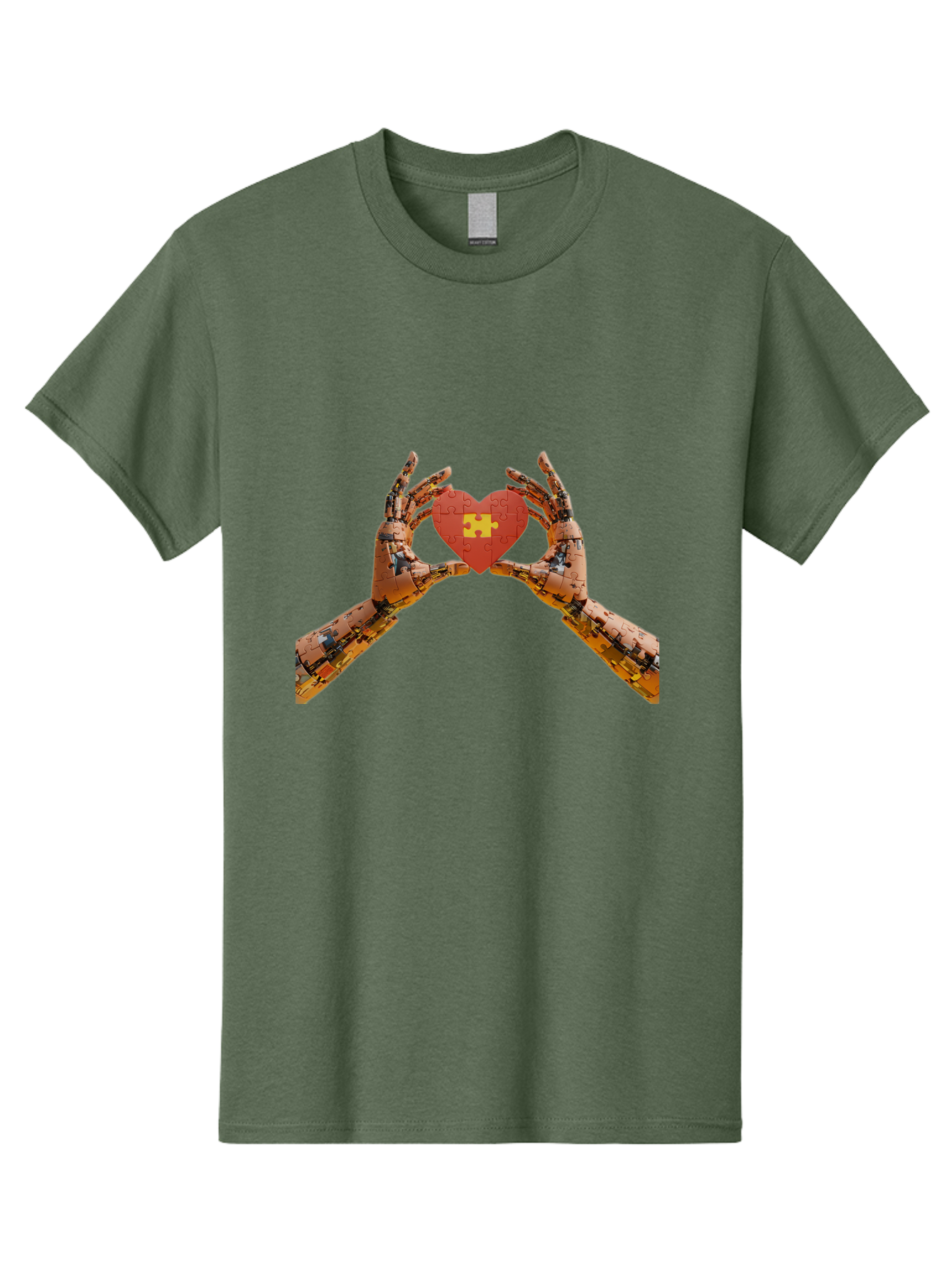 Robot-Hands-Holding-Heart-Puzzle Men'S Graphic Tee, 100% Cotton, Comfortable Casual Summer Wear, Machine Washable, Robotic Hands, Puzzle Heart, Artificial Intelligence, Ai, Robotics, Love, Heart, Puzzle Piece, Technology, Innovation, Bae079