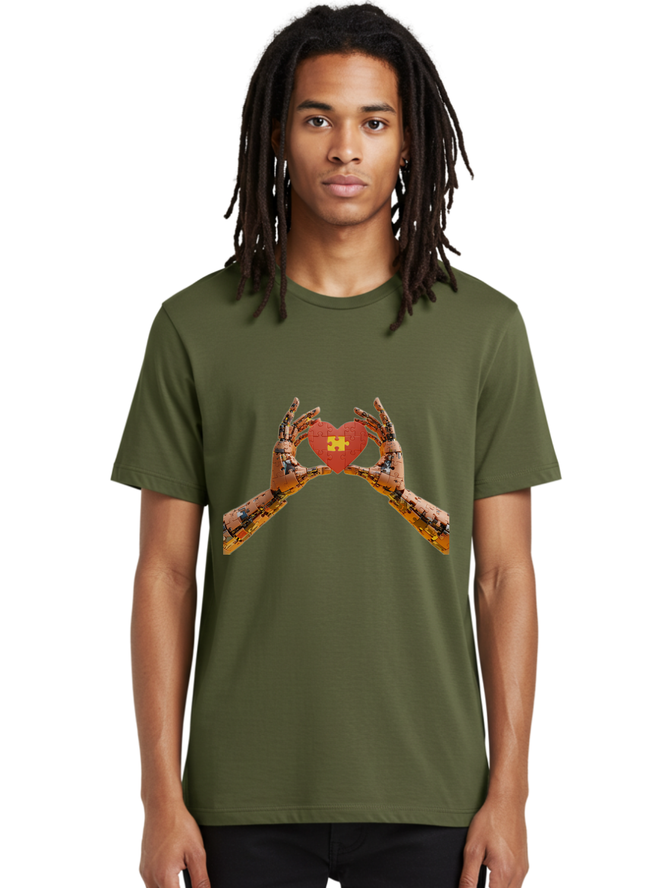 Robot-Hands-Holding-Heart-Puzzle Men'S Graphic Tee, 100% Cotton, Comfortable Casual Summer Wear, Machine Washable, Robotic Hands, Puzzle Heart, Artificial Intelligence, Ai, Robotics, Love, Heart, Puzzle Piece, Technology, Innovation, Bae079