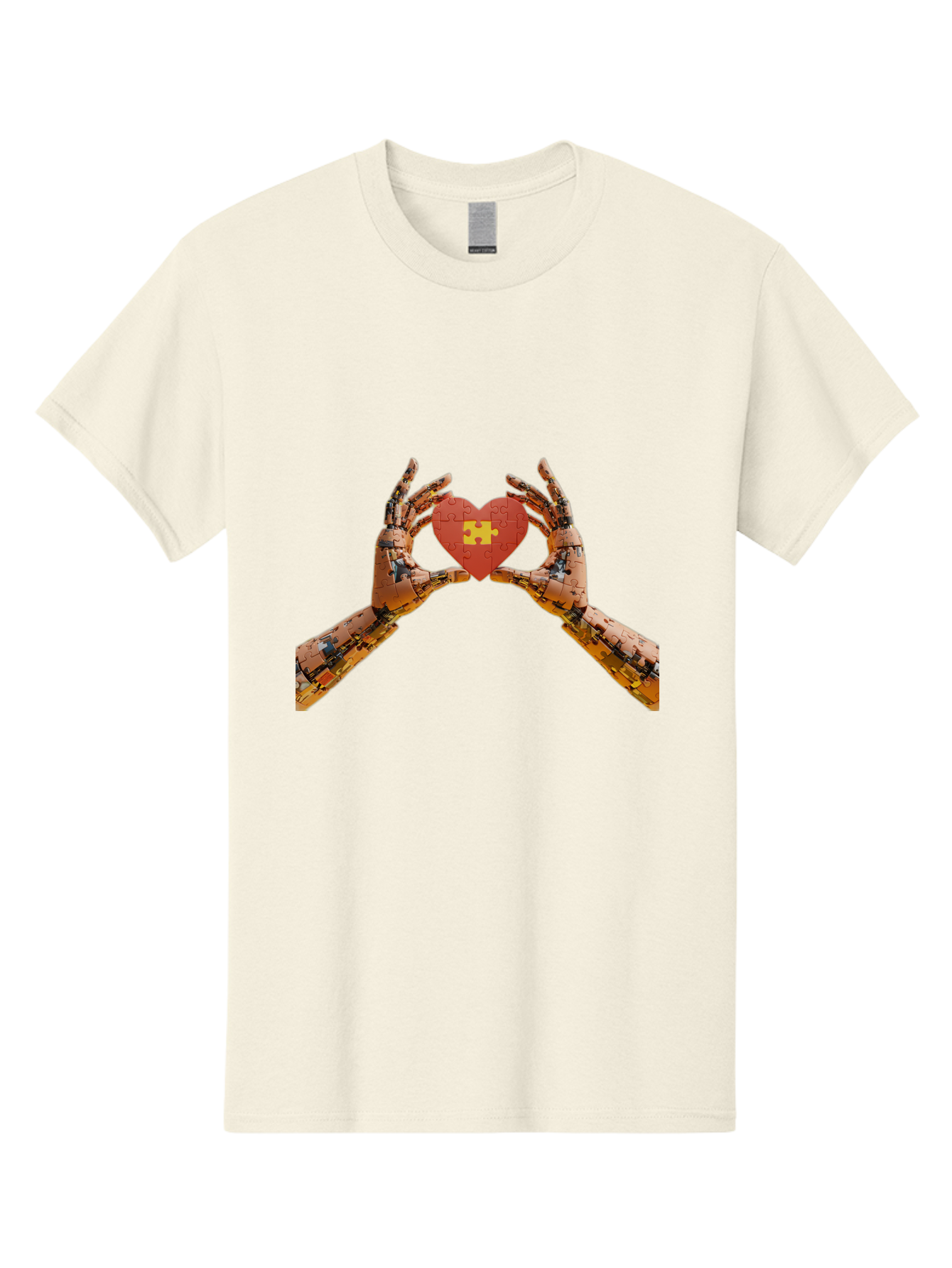 Robot-Hands-Holding-Heart-Puzzle Men'S Graphic Tee, 100% Cotton, Comfortable Casual Summer Wear, Machine Washable, Robotic Hands, Puzzle Heart, Artificial Intelligence, Ai, Robotics, Love, Heart, Puzzle Piece, Technology, Innovation, Bae079
