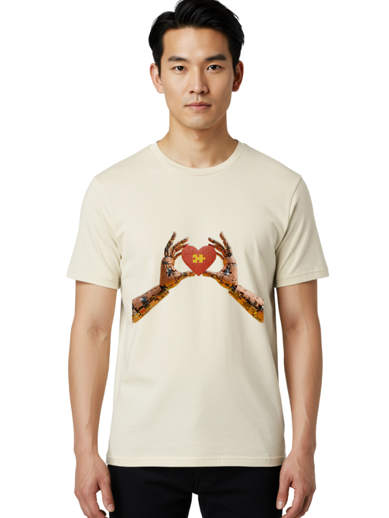 Robot-Hands-Holding-Heart-Puzzle Men'S Graphic Tee, 100% Cotton, Comfortable Casual Summer Wear, Machine Washable, Robotic Hands, Puzzle Heart, Artificial Intelligence, Ai, Robotics, Love, Heart, Puzzle Piece, Technology, Innovation, Bae079