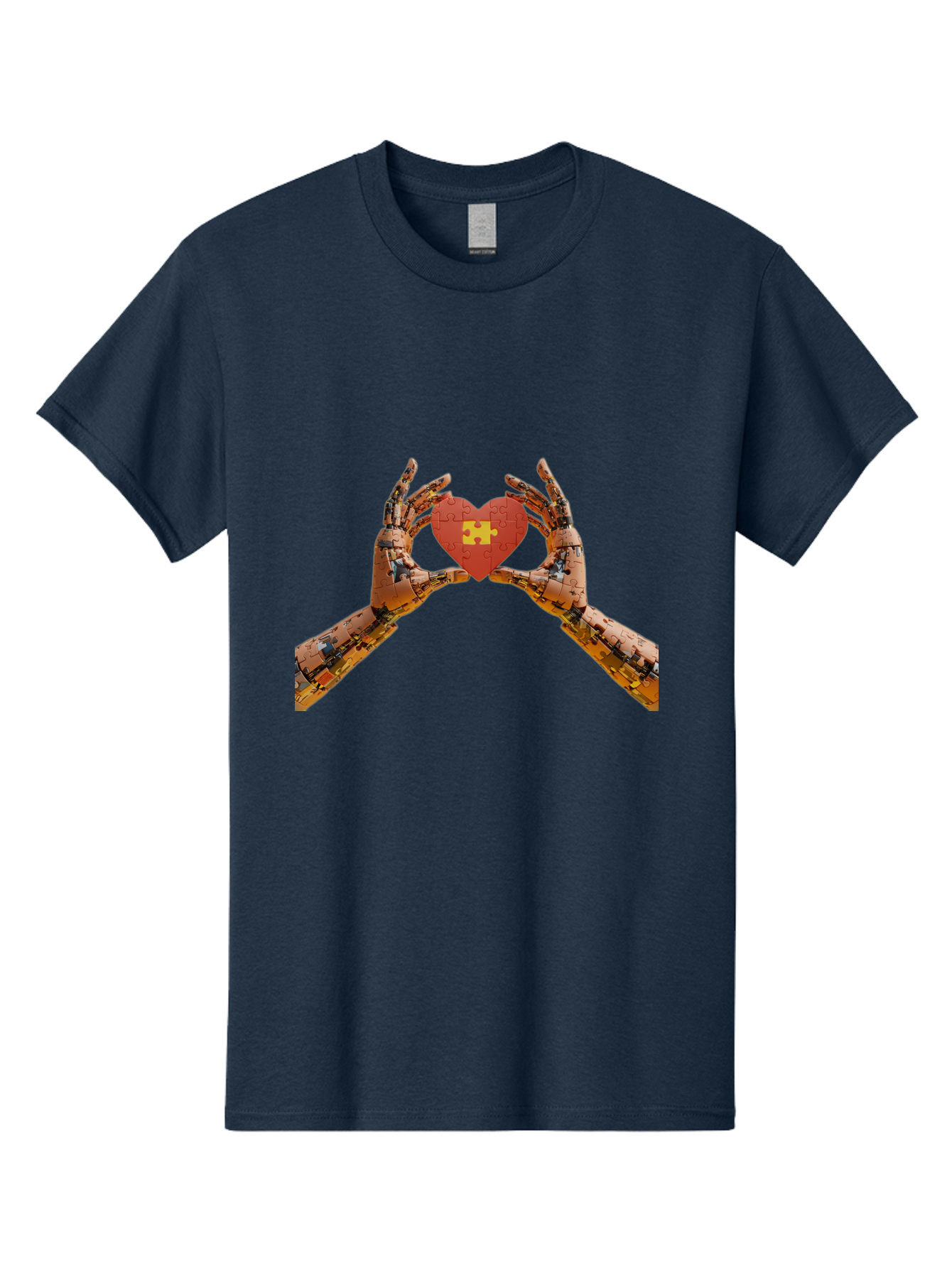 Robot-Hands-Holding-Heart-Puzzle Men'S Graphic Tee, 100% Cotton, Comfortable Casual Summer Wear, Machine Washable, Robotic Hands, Puzzle Heart, Artificial Intelligence, Ai, Robotics, Love, Heart, Puzzle Piece, Technology, Innovation, Bae079