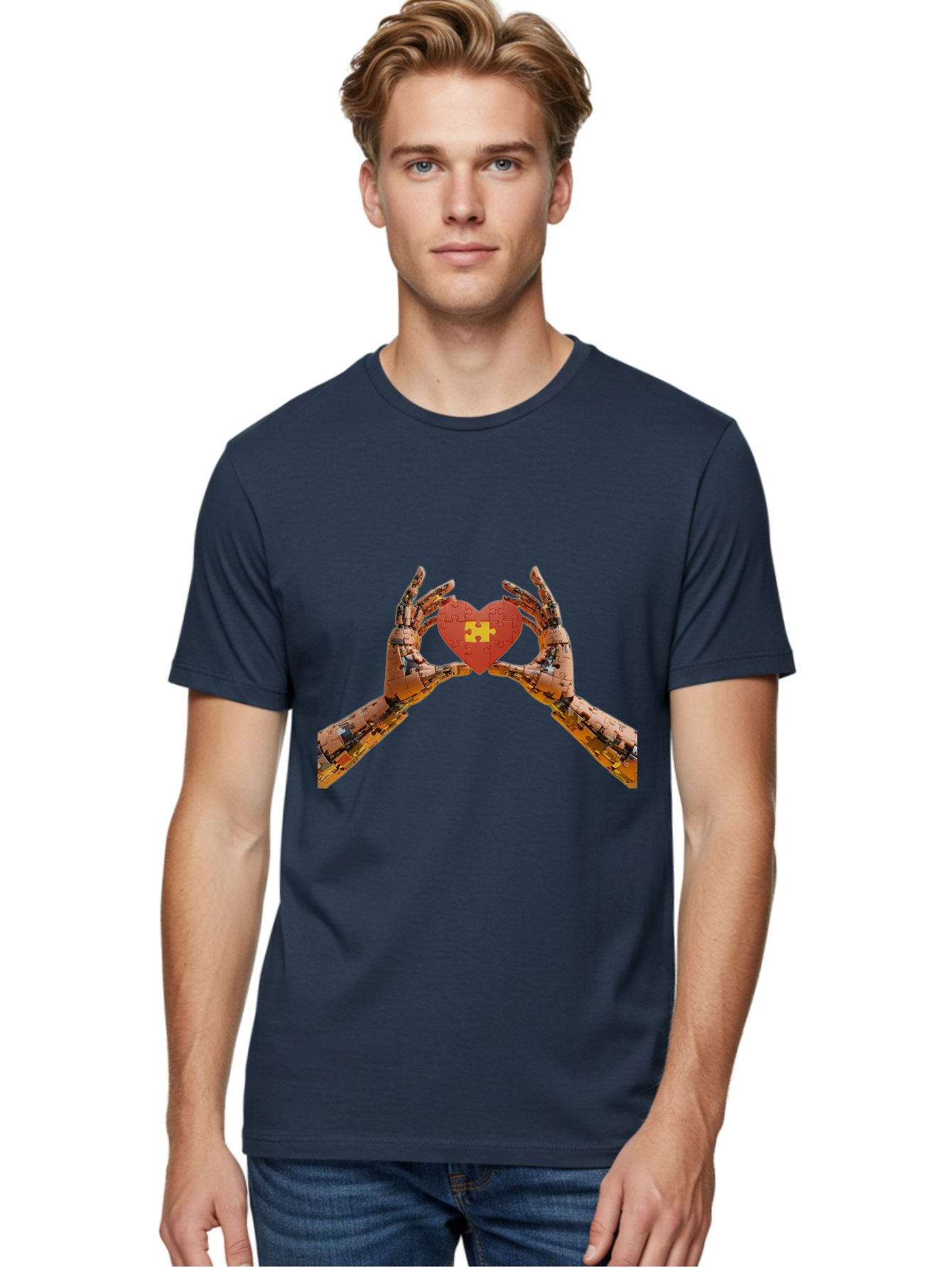 Robot-Hands-Holding-Heart-Puzzle Men'S Graphic Tee, 100% Cotton, Comfortable Casual Summer Wear, Machine Washable, Robotic Hands, Puzzle Heart, Artificial Intelligence, Ai, Robotics, Love, Heart, Puzzle Piece, Technology, Innovation, Bae079