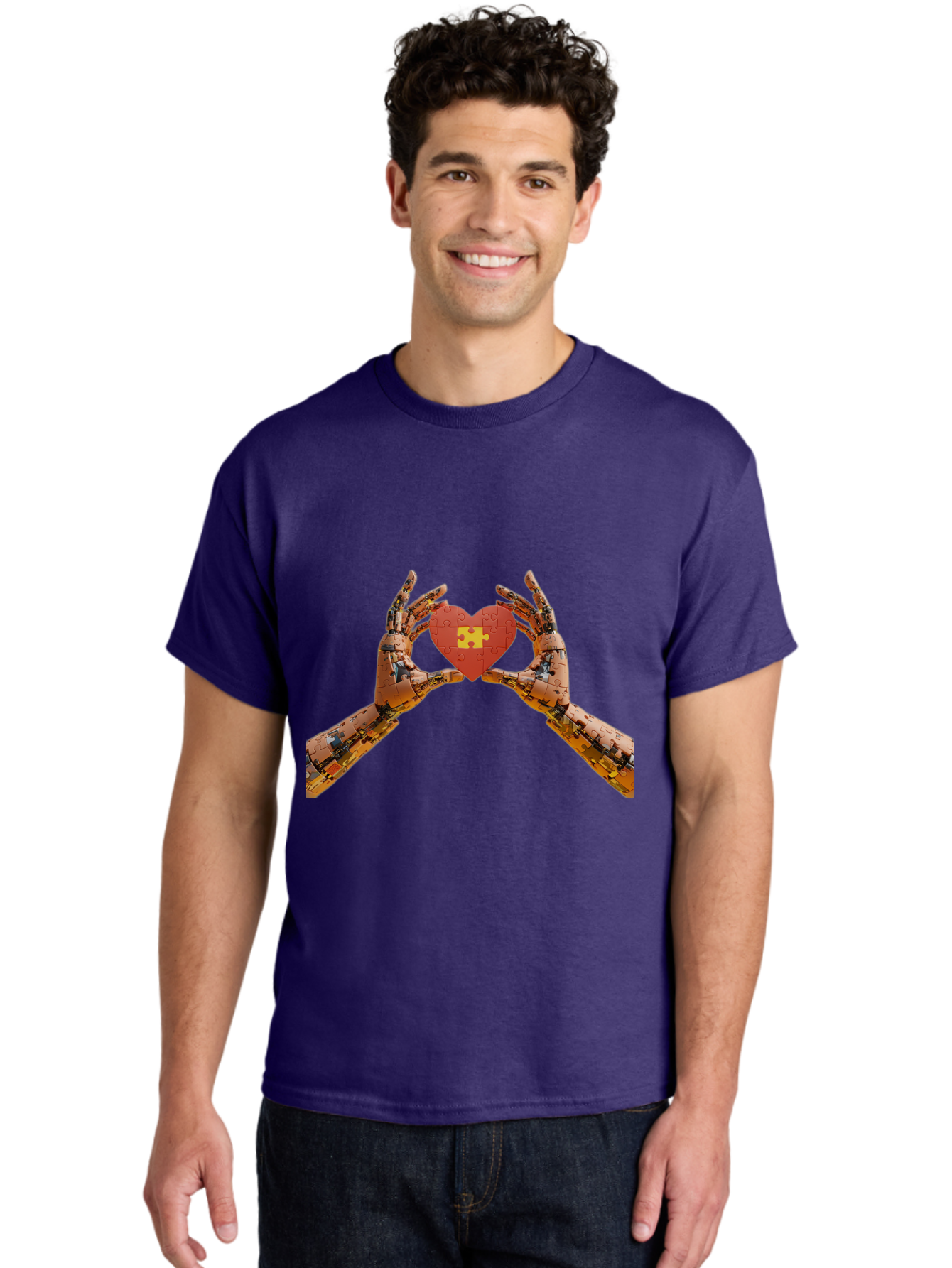 Robot-Hands-Holding-Heart-Puzzle Men'S Graphic Tee, 100% Cotton, Comfortable Casual Summer Wear, Machine Washable, Robotic Hands, Puzzle Heart, Artificial Intelligence, Ai, Robotics, Love, Heart, Puzzle Piece, Technology, Innovation, Bae079
