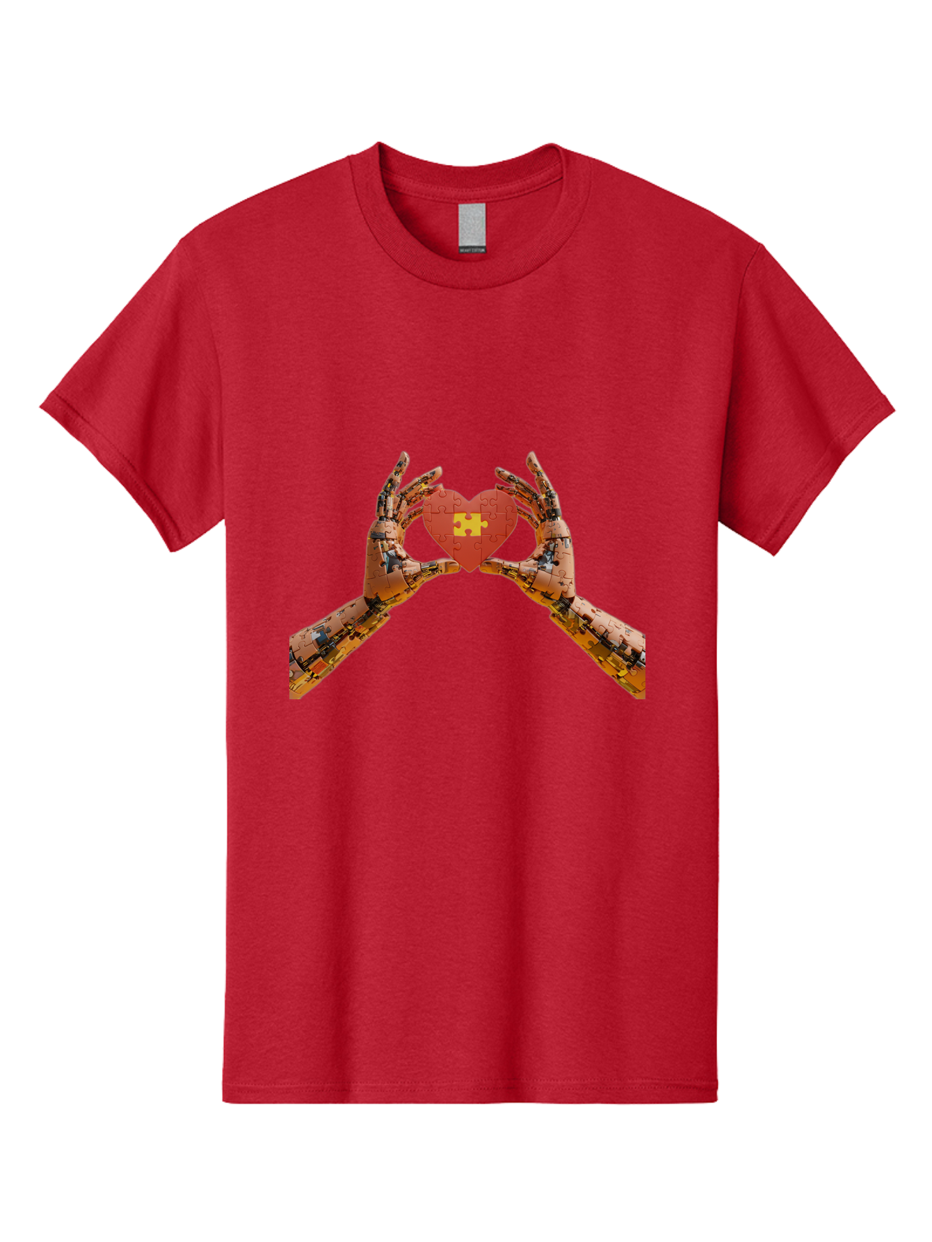 Robot-Hands-Holding-Heart-Puzzle Men'S Graphic Tee, 100% Cotton, Comfortable Casual Summer Wear, Machine Washable, Robotic Hands, Puzzle Heart, Artificial Intelligence, Ai, Robotics, Love, Heart, Puzzle Piece, Technology, Innovation, Bae079