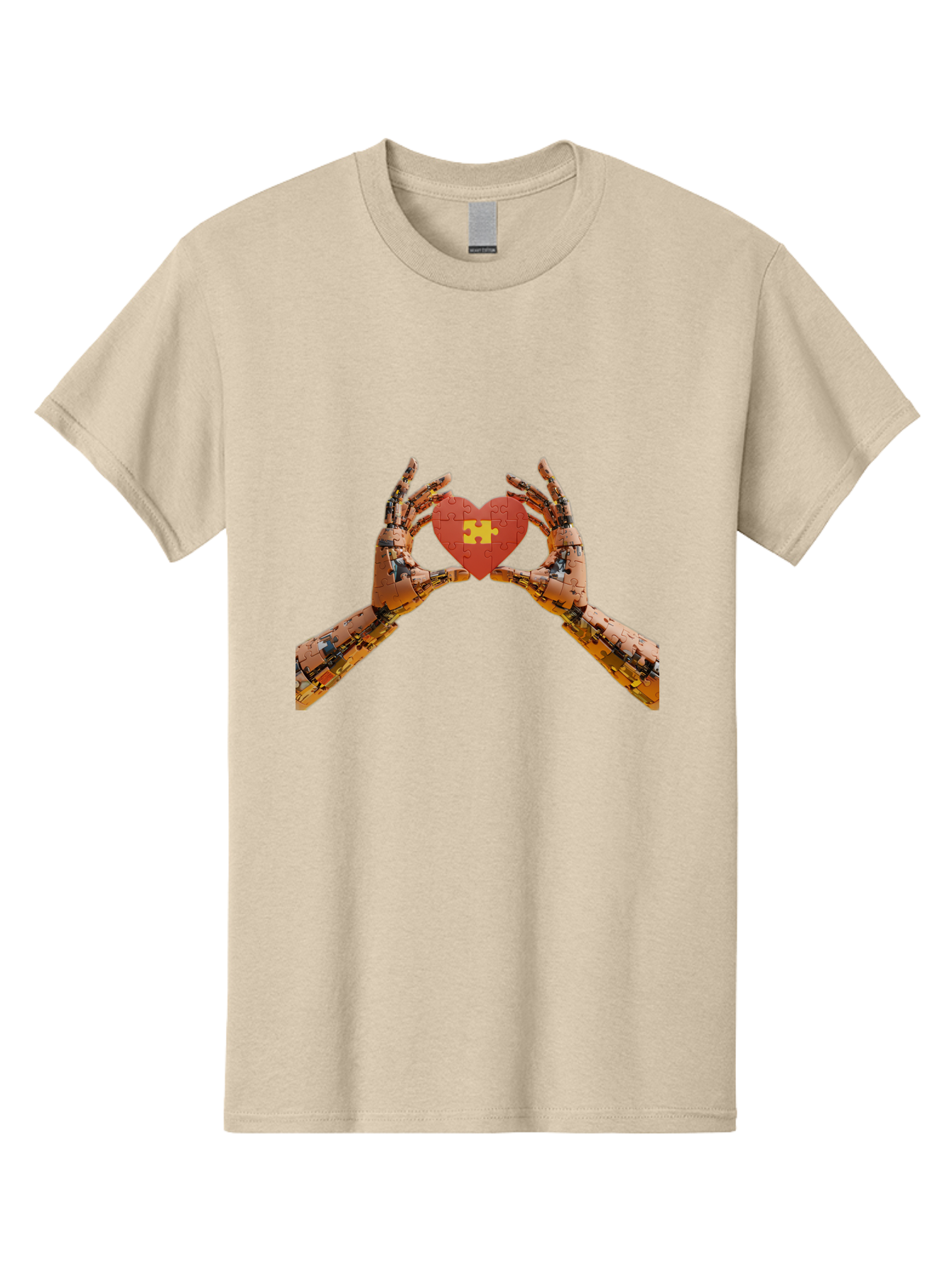 Robot-Hands-Holding-Heart-Puzzle Men'S Graphic Tee, 100% Cotton, Comfortable Casual Summer Wear, Machine Washable, Robotic Hands, Puzzle Heart, Artificial Intelligence, Ai, Robotics, Love, Heart, Puzzle Piece, Technology, Innovation, Bae079