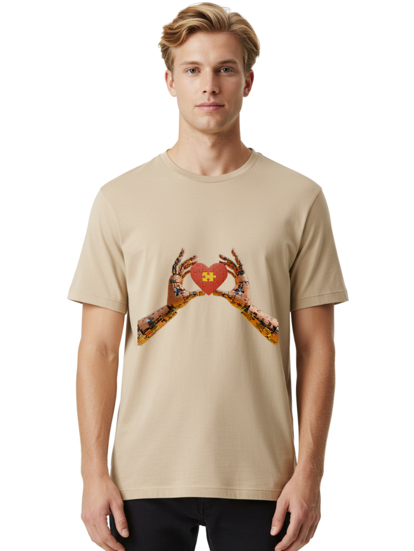 Robot-Hands-Holding-Heart-Puzzle Men'S Graphic Tee, 100% Cotton, Comfortable Casual Summer Wear, Machine Washable, Robotic Hands, Puzzle Heart, Artificial Intelligence, Ai, Robotics, Love, Heart, Puzzle Piece, Technology, Innovation, Bae079