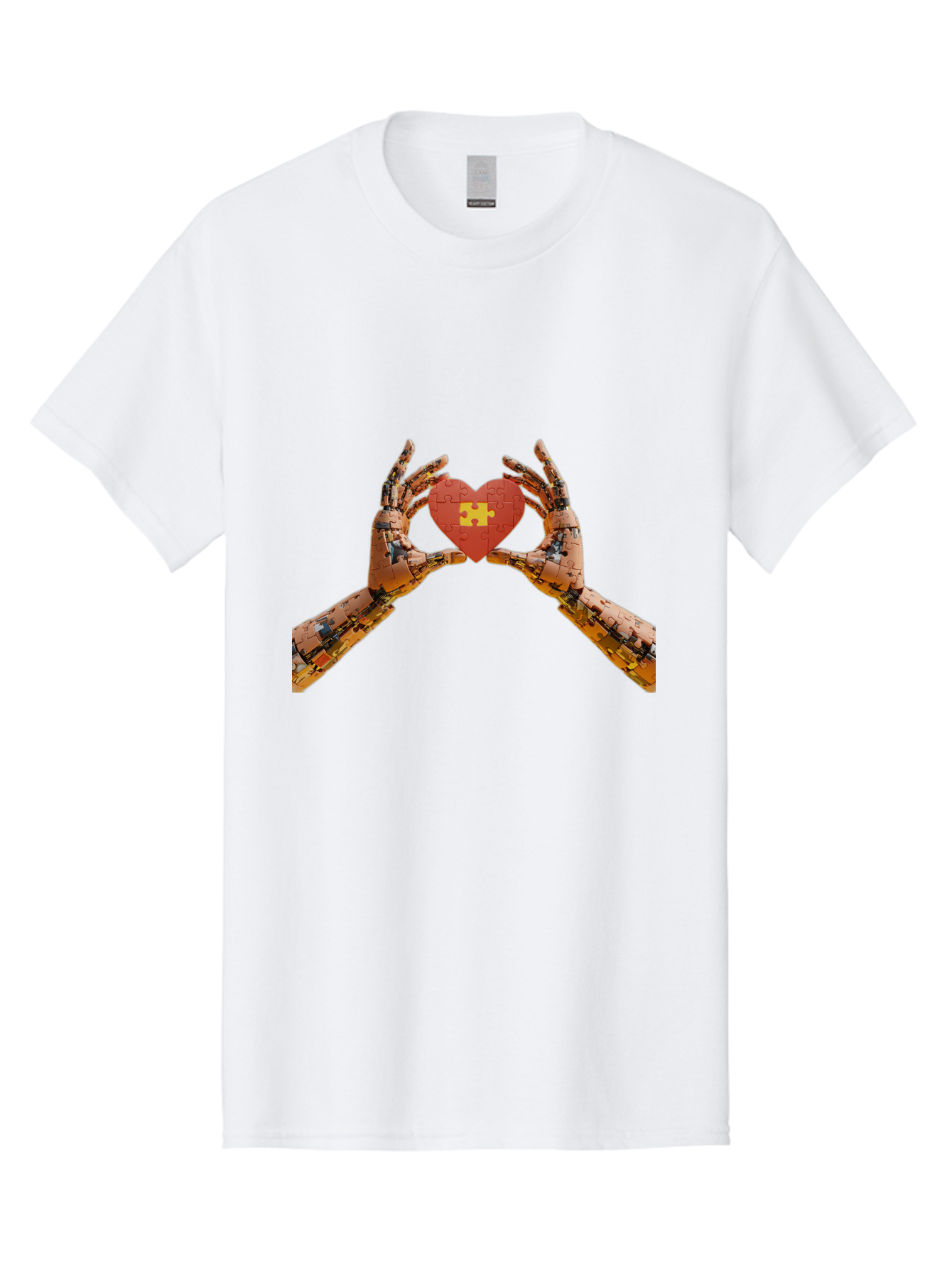Robot-Hands-Holding-Heart-Puzzle Men'S Graphic Tee, 100% Cotton, Comfortable Casual Summer Wear, Machine Washable, Robotic Hands, Puzzle Heart, Artificial Intelligence, Ai, Robotics, Love, Heart, Puzzle Piece, Technology, Innovation, Bae079