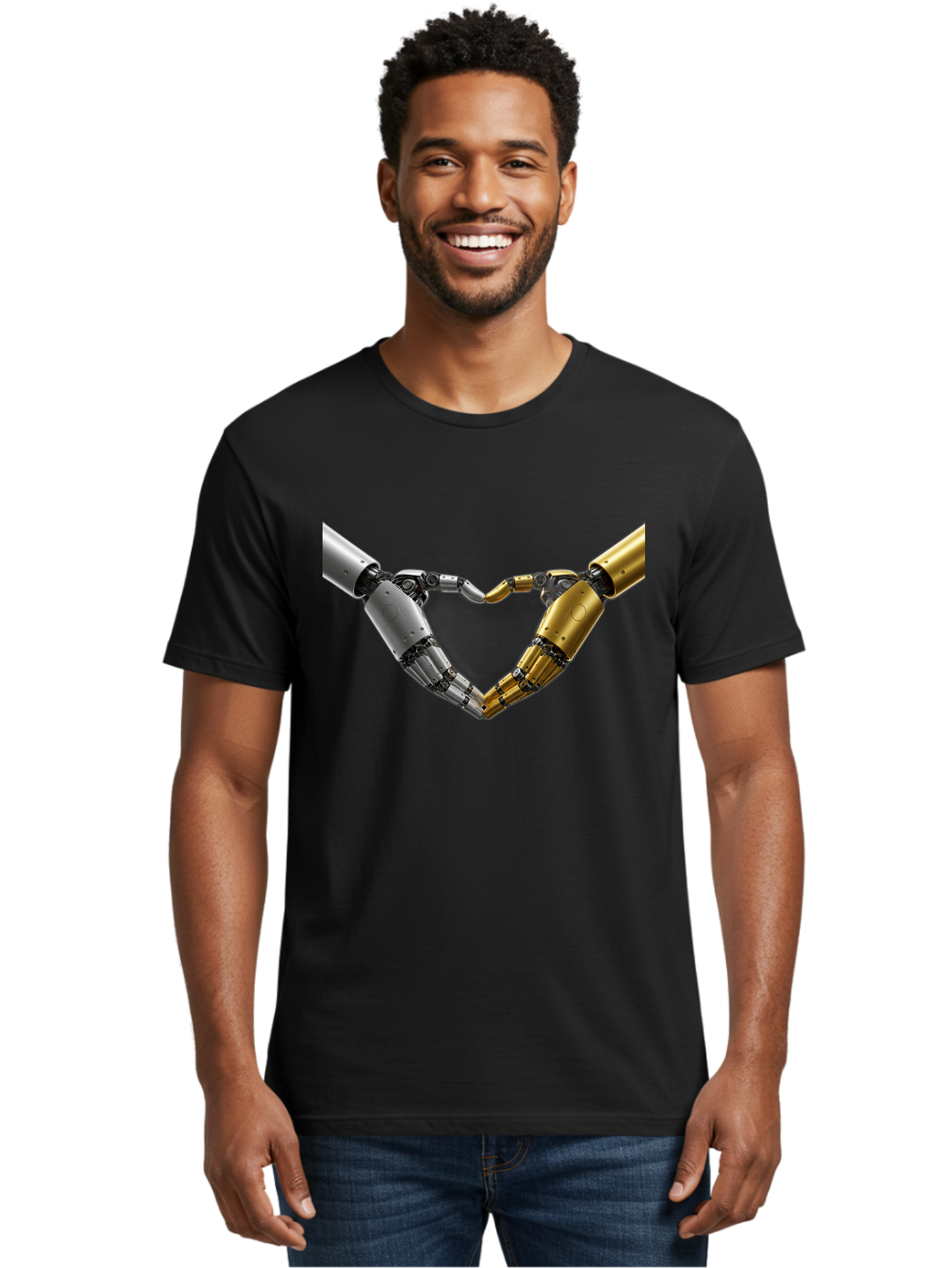 Robotic-Hands Men'S Graphic Tee, 100% Cotton, Comfortable Casual Summer Wear, Machine Washable, Robotic Arms, Mechanical Hands, Artificial Intelligence, Robotic Love, Futuristic Technology, Robotic Connection, Heart Shape Bae080